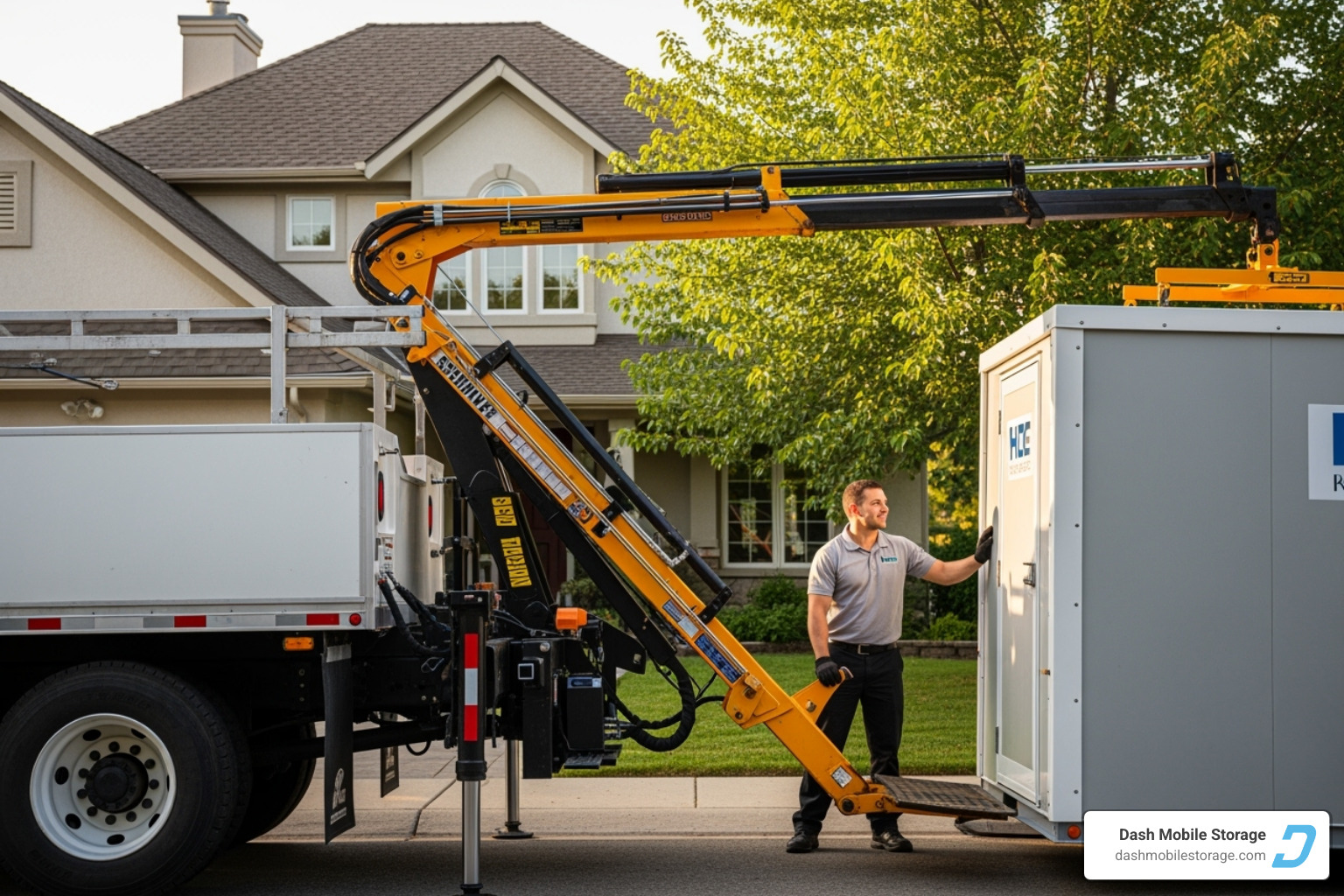 Friendly driver delivering a storage pod with specialized lift system - rent a pod