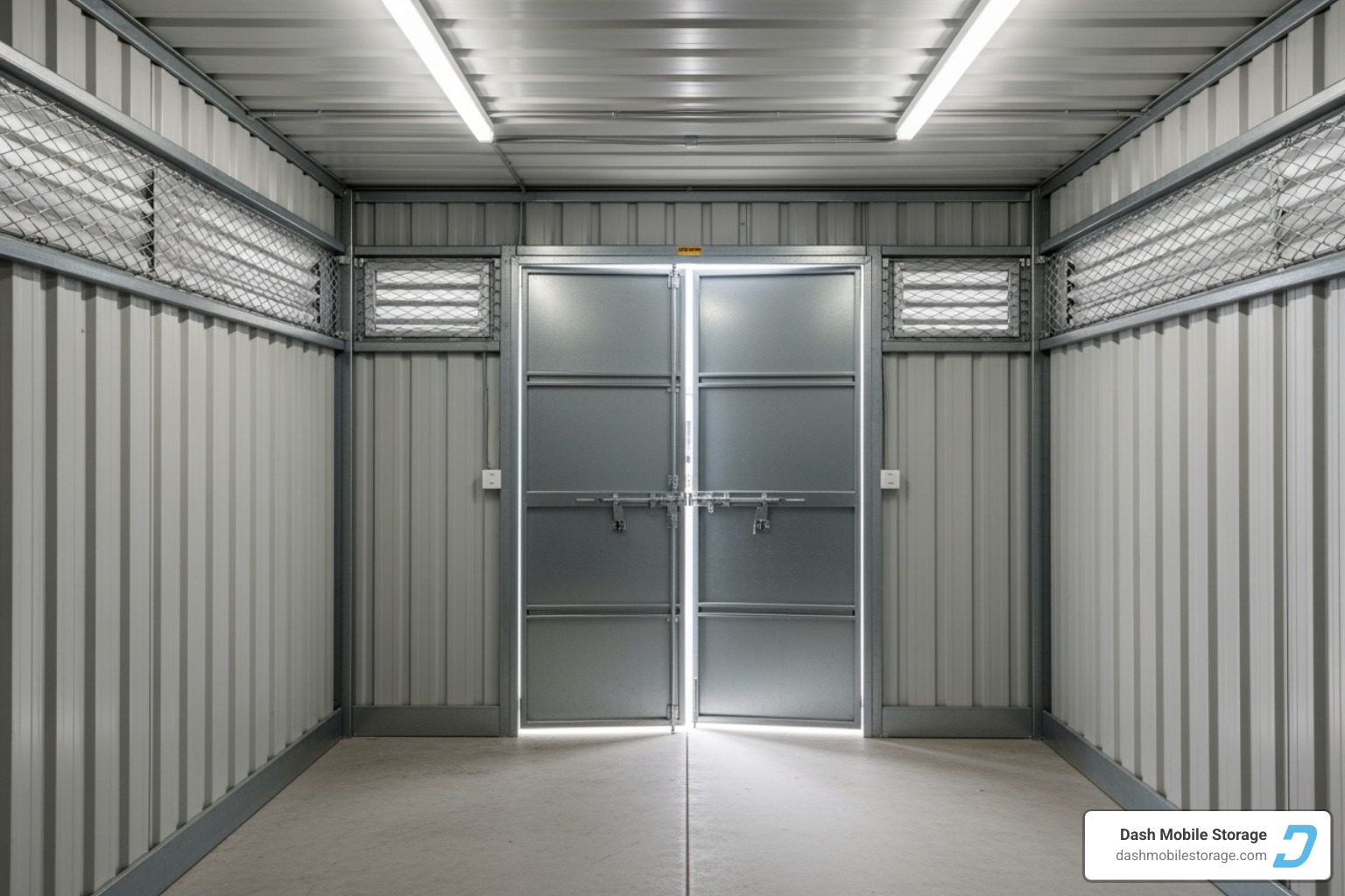 Interior of a clean, well-ventilated storage pod with dual-entry doors - rent a pod