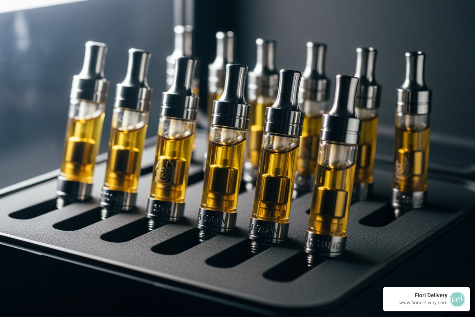 THC carts stored upright in a cool, dark case - thc carts