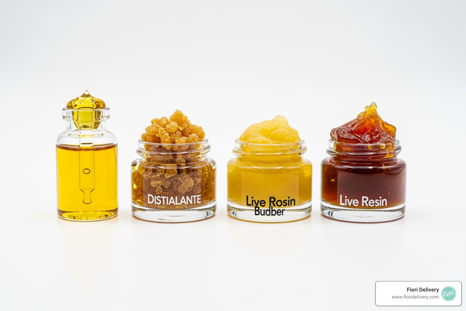 Different colors and consistencies of distillate, live resin, and live rosin oil - thc carts