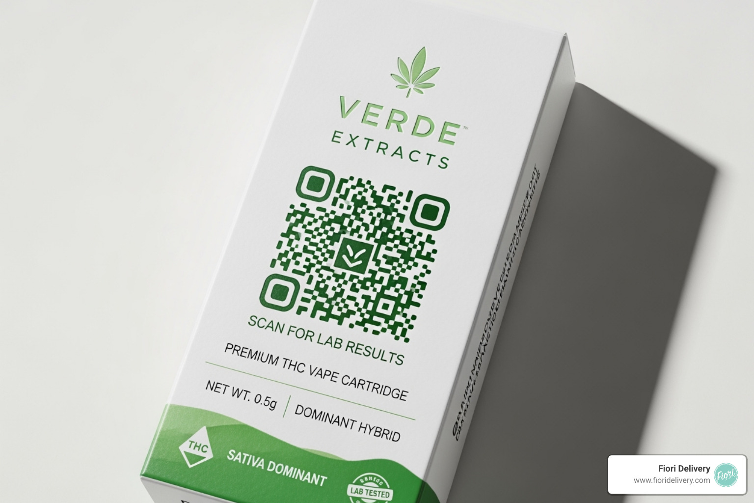 Compliant THC cart package showing a QR code for lab results - thc carts