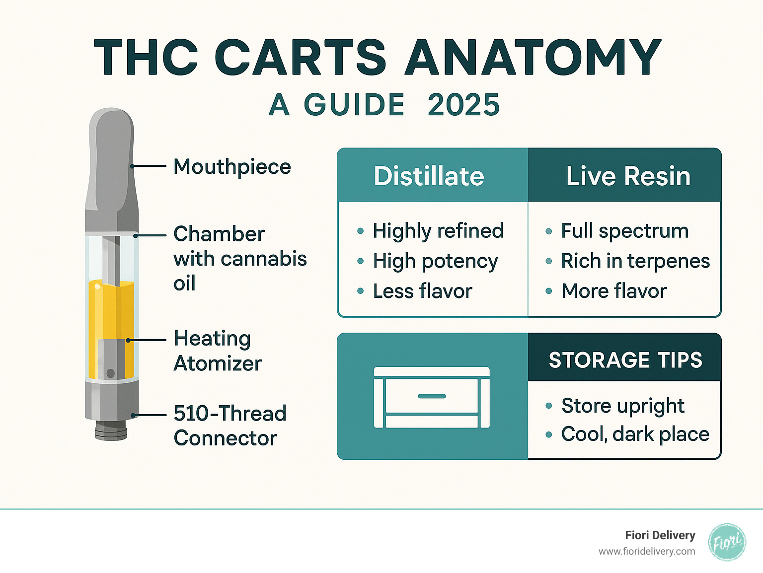 Comprehensive infographic showing THC cart anatomy with labeled components including 510-thread connector, chamber filled with cannabis oil, heating atomizer, and mouthpiece, alongside comparison chart of distillate vs live resin characteristics and storage best practices - thc carts infographic 