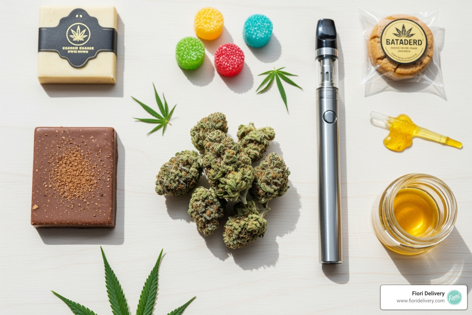 A curated selection of cannabis products, including flower, edibles, and a vape pen arranged aesthetically - cannabis delivery Sacramento