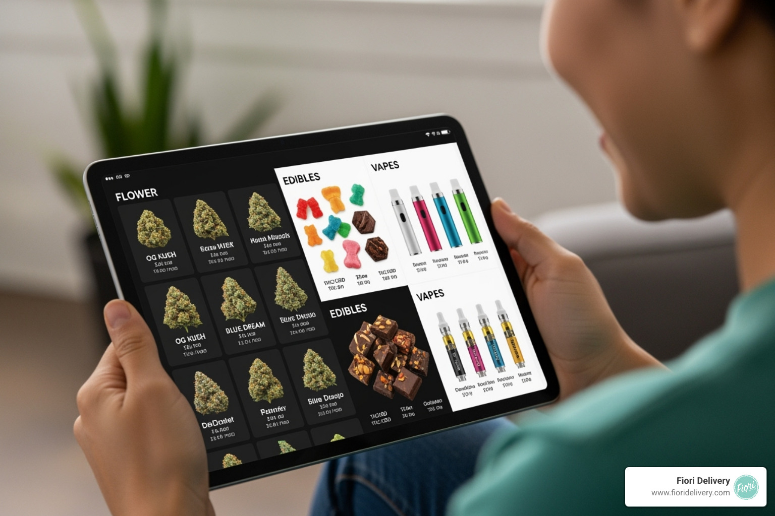 A person smiling as they browse a cannabis menu on a tablet, with various cannabis products visible on the screen - cannabis delivery Sacramento