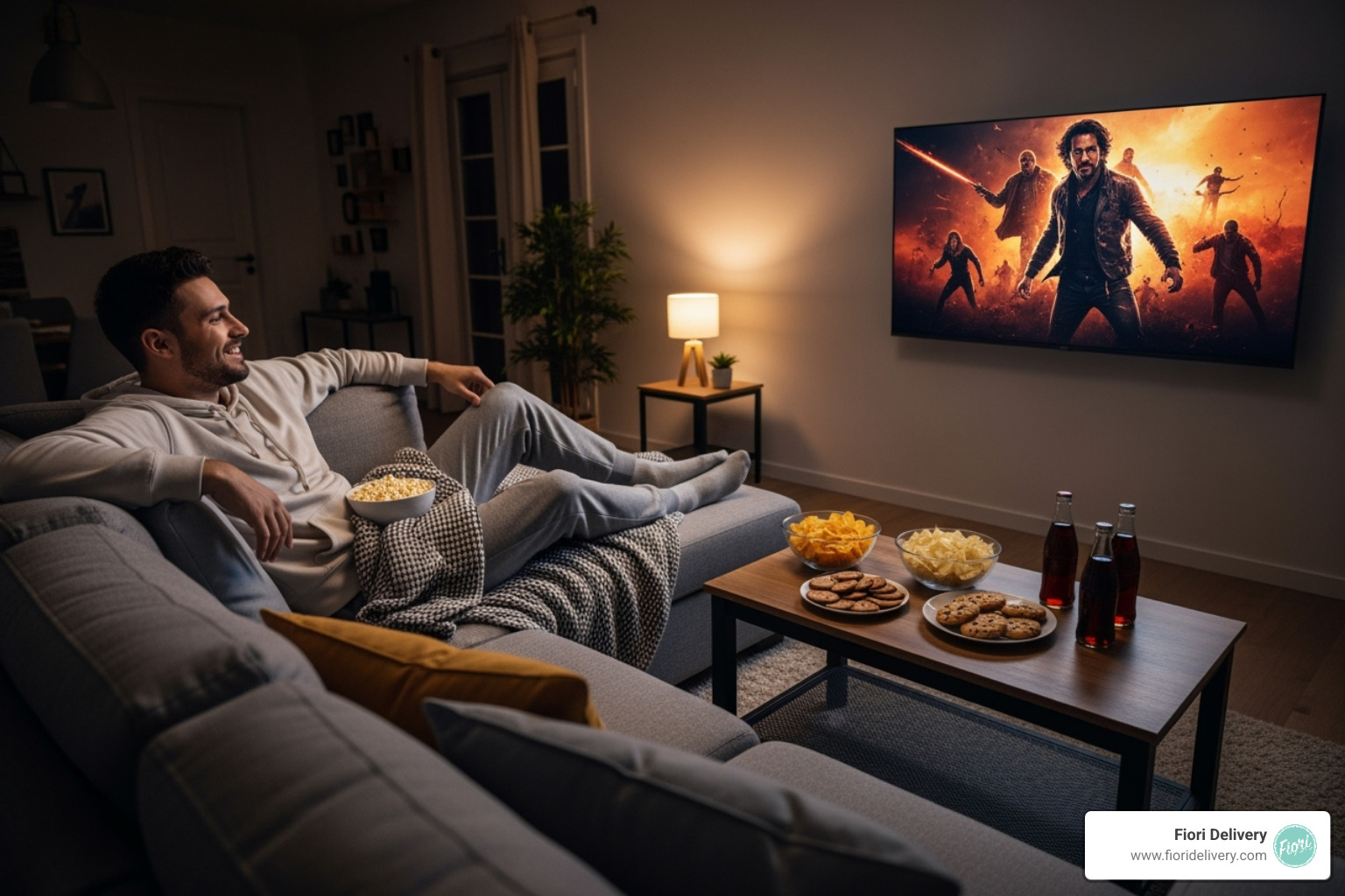 A happy person relaxing on a comfortable couch, smiling while watching a movie on a large TV, surrounded by ambient lighting and snacks - movies to watch stoned