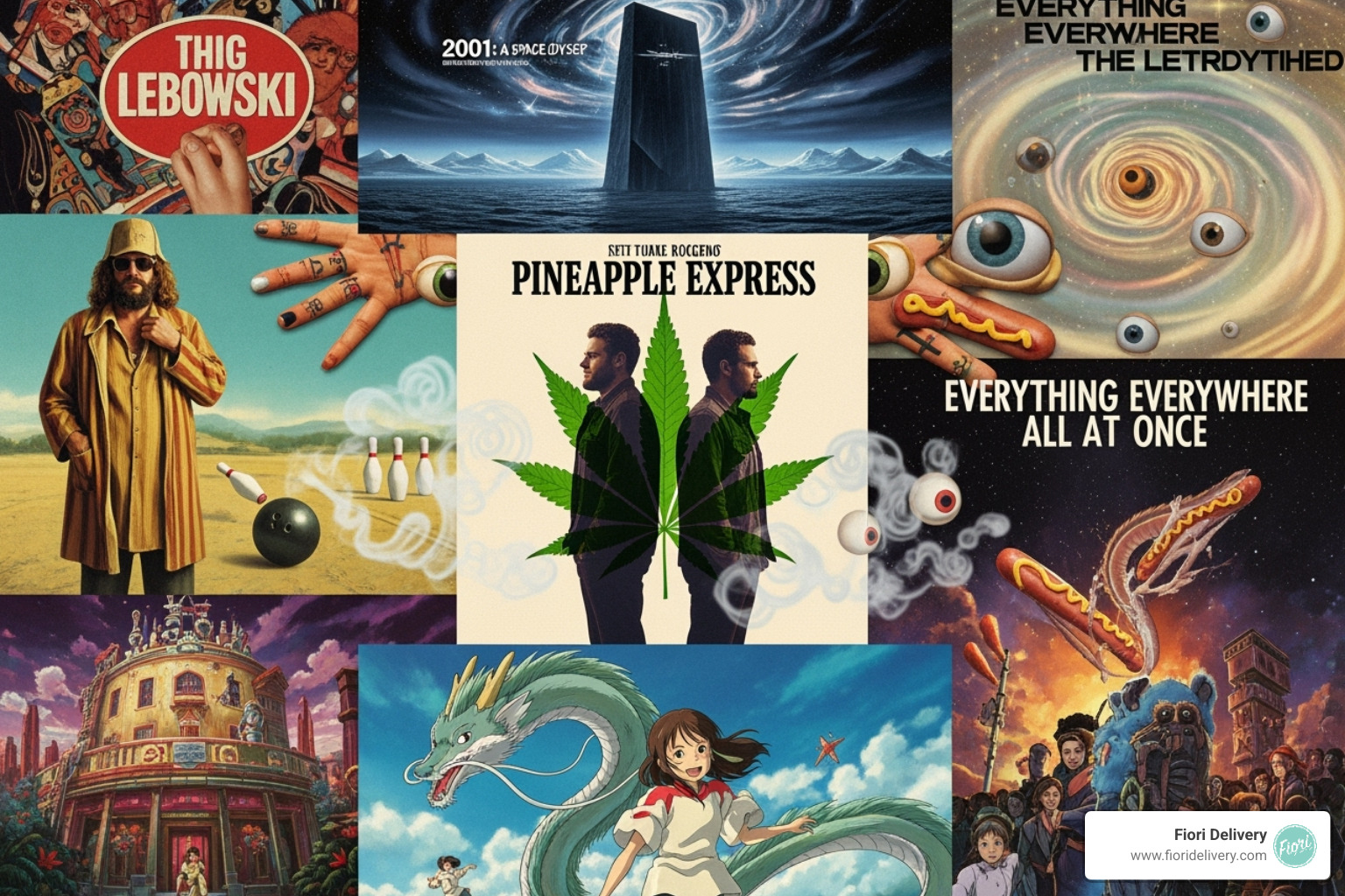 A vibrant collage of movie posters featuring films like Pineapple Express, 2001: A Space Odyssey, The Big Lebowski, Spirited Away, and Everything Everywhere All At Once - movies to watch stoned