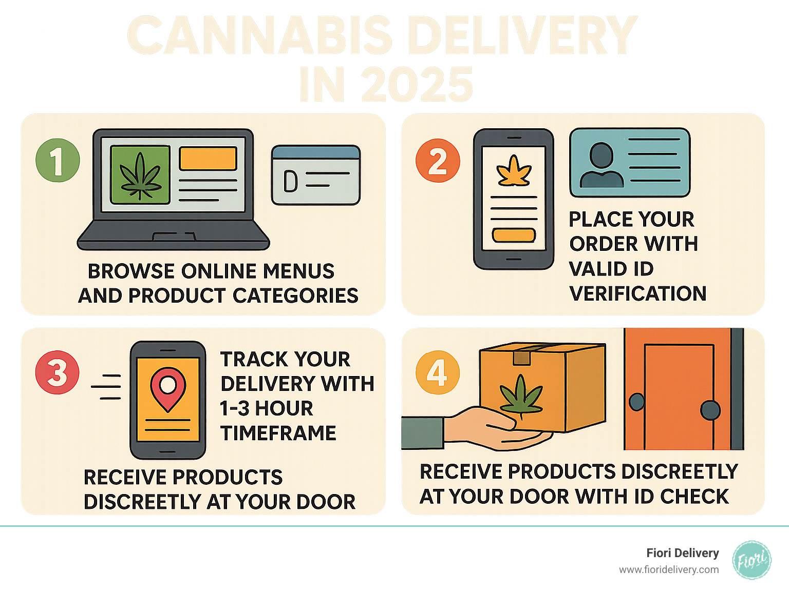 Infographic showing the 4 simple steps of cannabis delivery: Browse online menus and product categories, Place your order with valid ID verification, Track your delivery with 1-3 hour timeframe, Receive products discreetly at your door with ID check - cannabis delivery Sacramento infographic 
