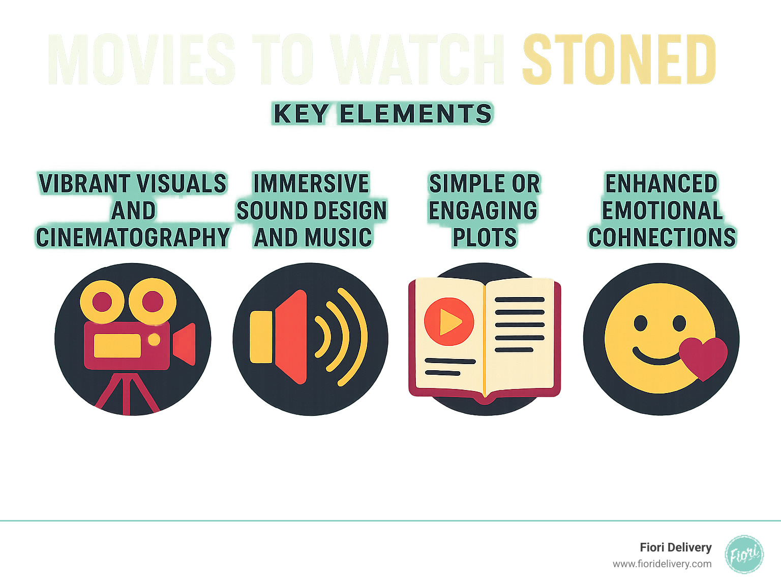 Infographic showing the four key elements of stoner-friendly movies: vibrant visuals and cinematography, immersive sound design and music, simple or engaging plots, and improved emotional connections - movies to watch stoned infographic 