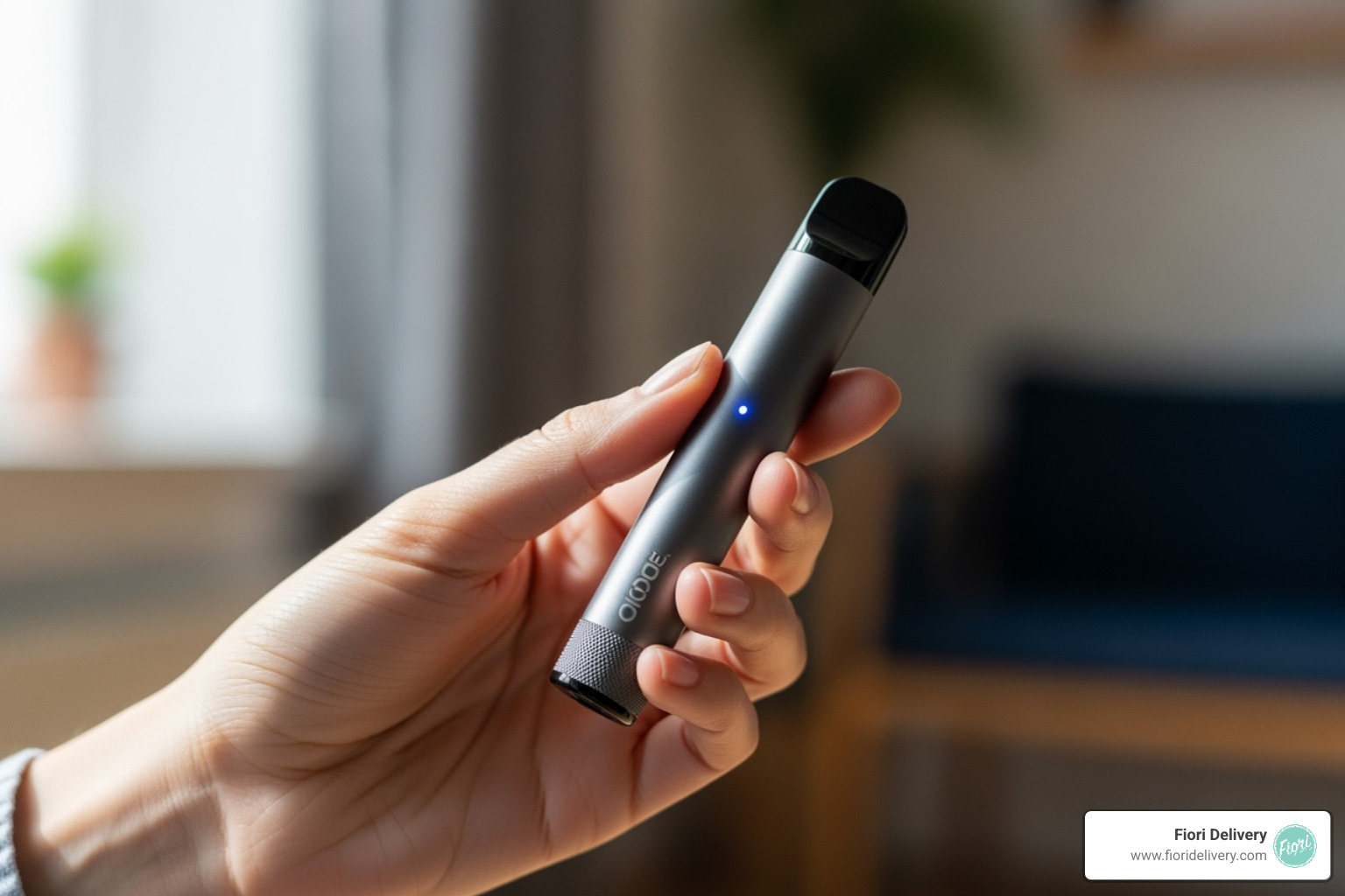 A person holding a sleek, modern disposable vape pen, showcasing its compact size and neat design against a soft, blurred background, highlighting its discreet and portable nature. - disposable vape pens