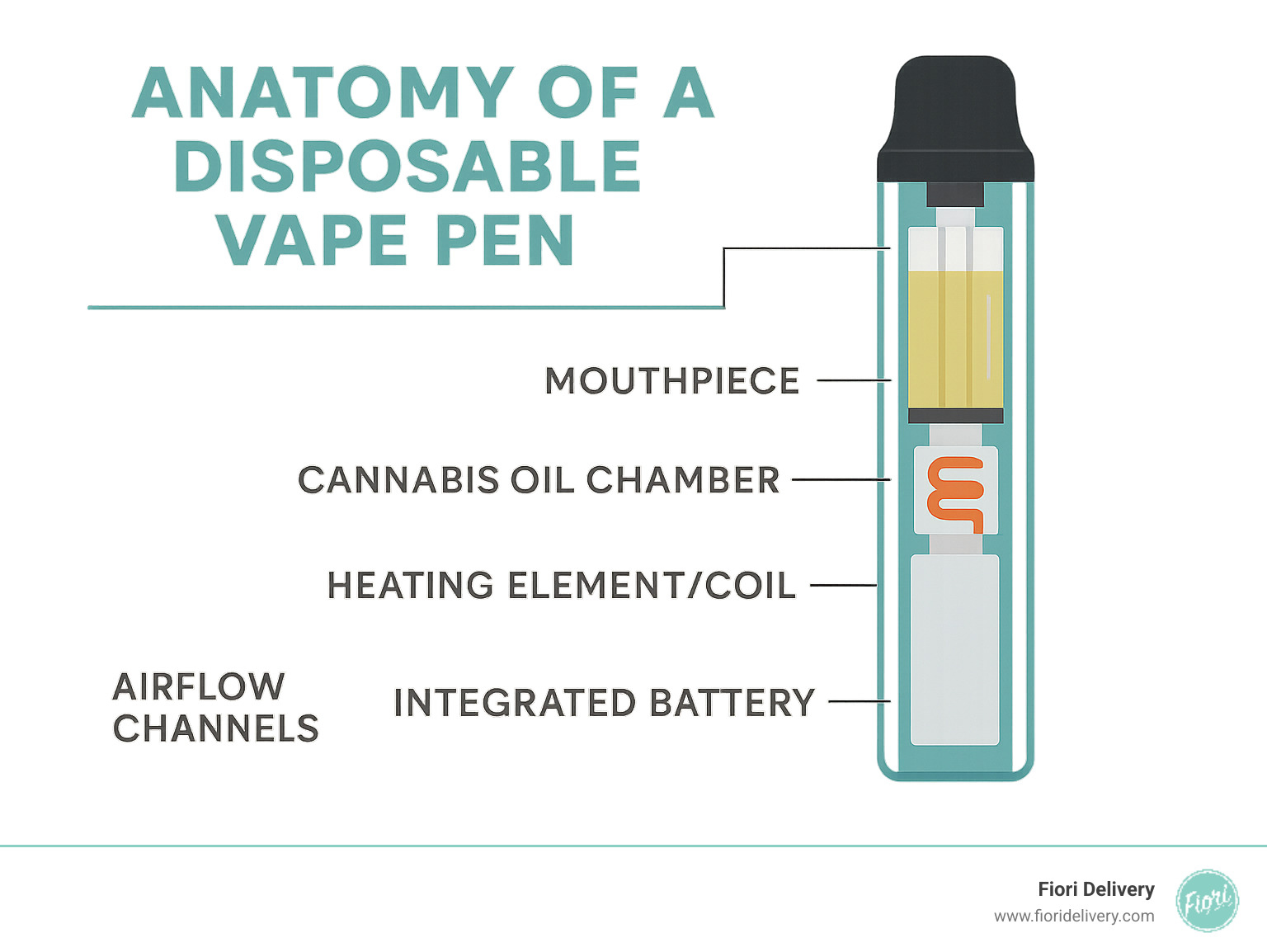 Infographic showing the anatomy of a disposable vape pen with labeled components: mouthpiece at top, cannabis oil chamber in middle, heating element/coil, integrated battery at bottom, and airflow channels throughout the device - disposable vape pens infographic 