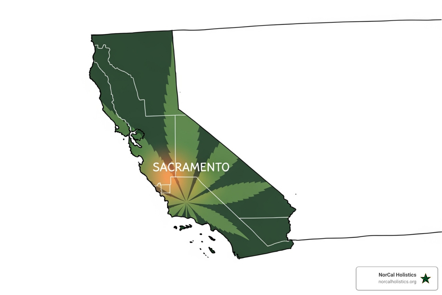 A map of California highlighting the Sacramento area, with a cannabis leaf subtly integrated into the design, symbolizing legal cannabis access in the region. - Order hash oil online