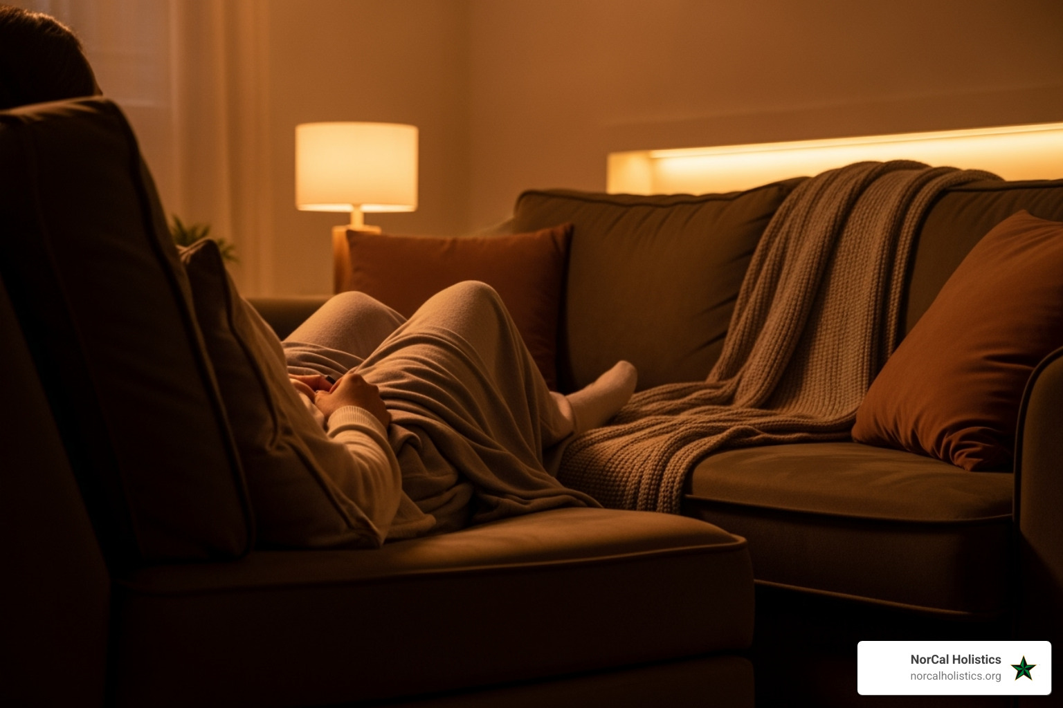 A person relaxing comfortably at home, enjoying the effects of cannabis, with a subtle, warm glow around them - Order hash oil online