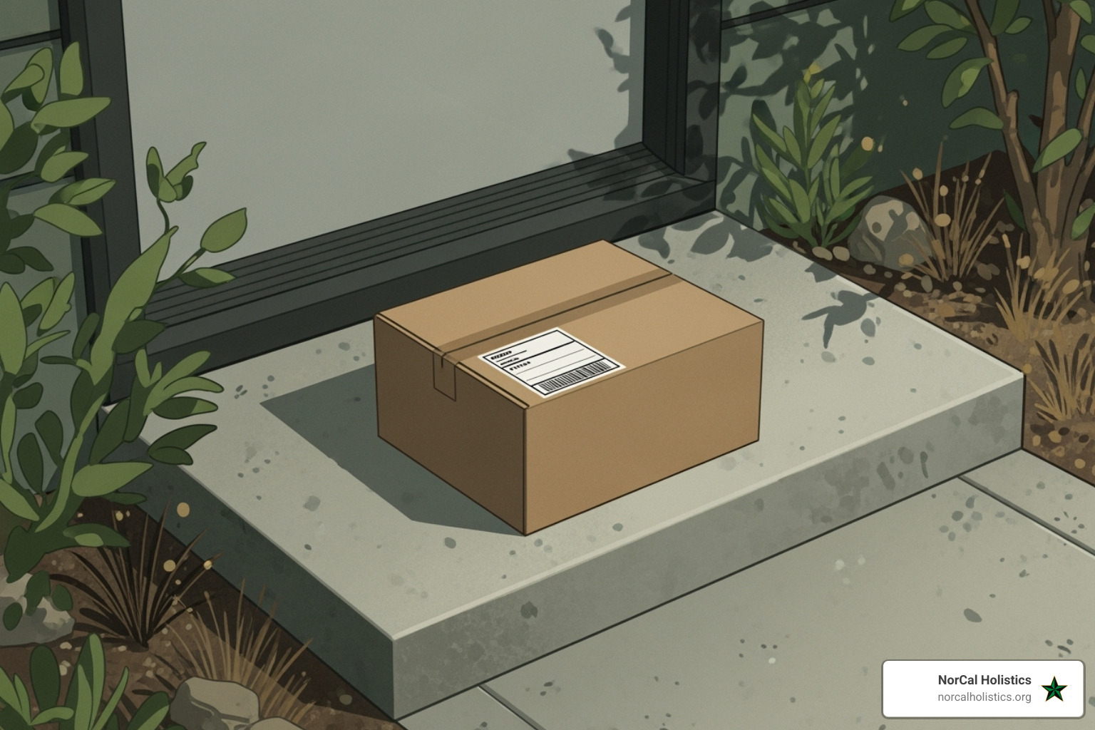 A discreetly packaged brown delivery box with a simple, unbranded label, placed on a clean, modern residential doorstep. The setting is daytime with soft, natural lighting, emphasizing a professional and trustworthy cannabis delivery service. - Order hash oil online