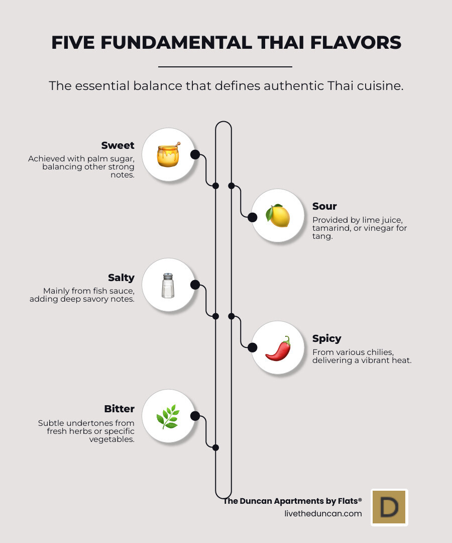 Comprehensive breakdown of Thai menu categories showing appetizers, soups, salads, curries, noodles, rice dishes and desserts with popular examples from each section - thai food menu infographic infographic-line-5-steps-neat_beige