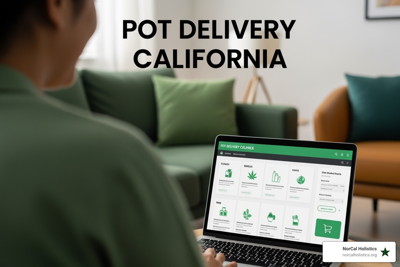 A person in a modern, well-lit living room browsing the NorCal Holistics delivery menu on a laptop. The screen shows clear product categories and a shopping cart icon. The setting is calm and discreet, with muted greens and natural light. - pot delivery california