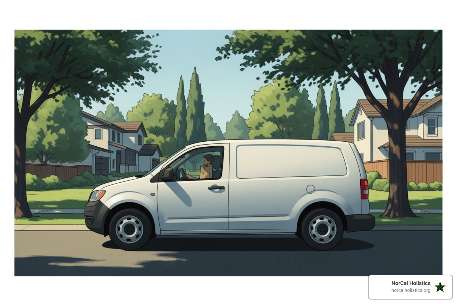 A stylized digital map of Sacramento, California, with subtle highlights over key surrounding areas like Roseville, Folsom, and Auburn. A discreet, unbranded delivery vehicle is shown traversing a road on the map, symbolizing mobile delivery. The overall color palette is muted greens and blues, with clean, modern lines. - pot delivery california