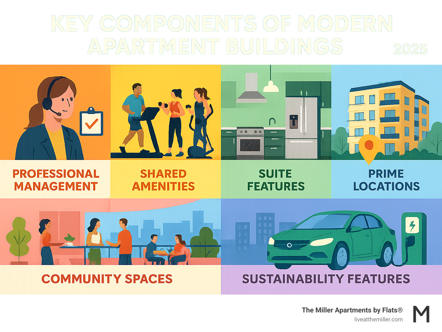 Key components of modern apartment buildings including professional management, shared amenities, suite features, community spaces, prime locations, and sustainability features with visual representations of fitness centers, rooftop terraces, modern kitchens, and EV charging stations - apartments building infographic Key components of modern apartment buildings including professional management, shared amenities, suite features, community spaces, prime locations, and sustainability features with visual representations of fitness centers, rooftop terraces, modern kitchens, and EV charging stations - apartments building infographic
