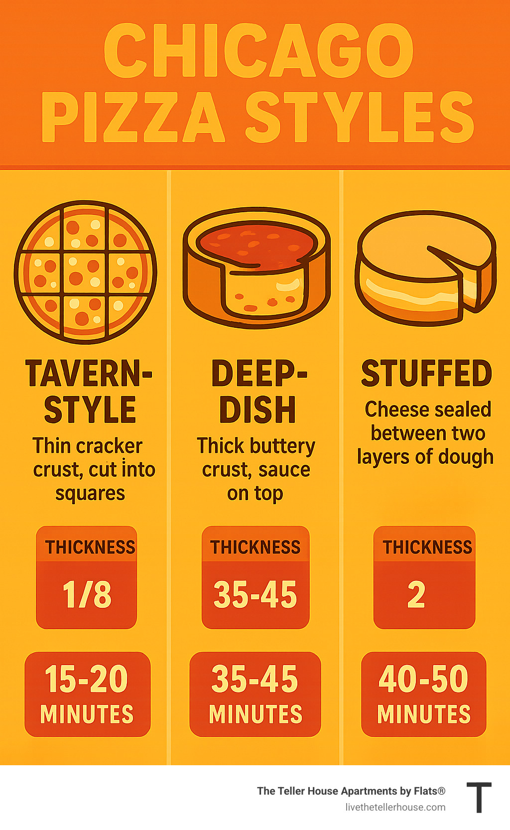 Comprehensive comparison chart showing the key characteristics of Chicago's three main pizza styles: Tavern-Style with thin cracker crust cut into squares, Deep-Dish with thick buttery crust and sauce on top, and Stuffed pizza with cheese sealed between two layers of dough, including typical thickness measurements and cooking times for each style - best pizza Uptown Chicago infographic 