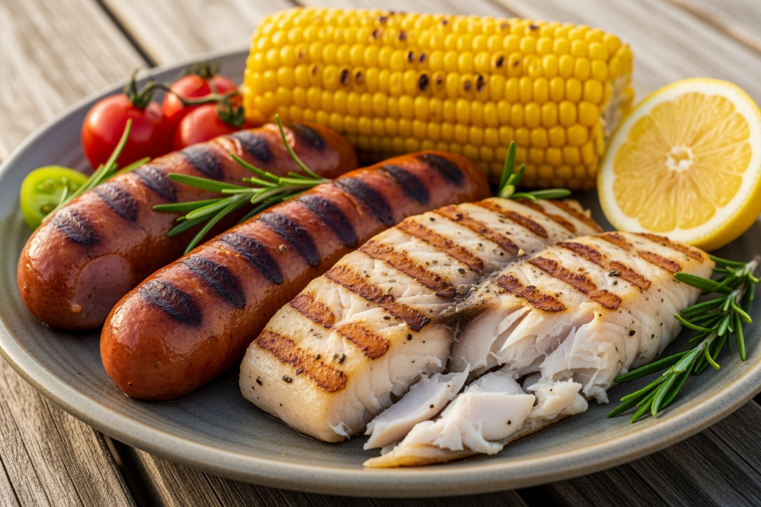 Delicious grilled food on a plate, including sausages, corn, and fresh fish - Pontoon boat cookout