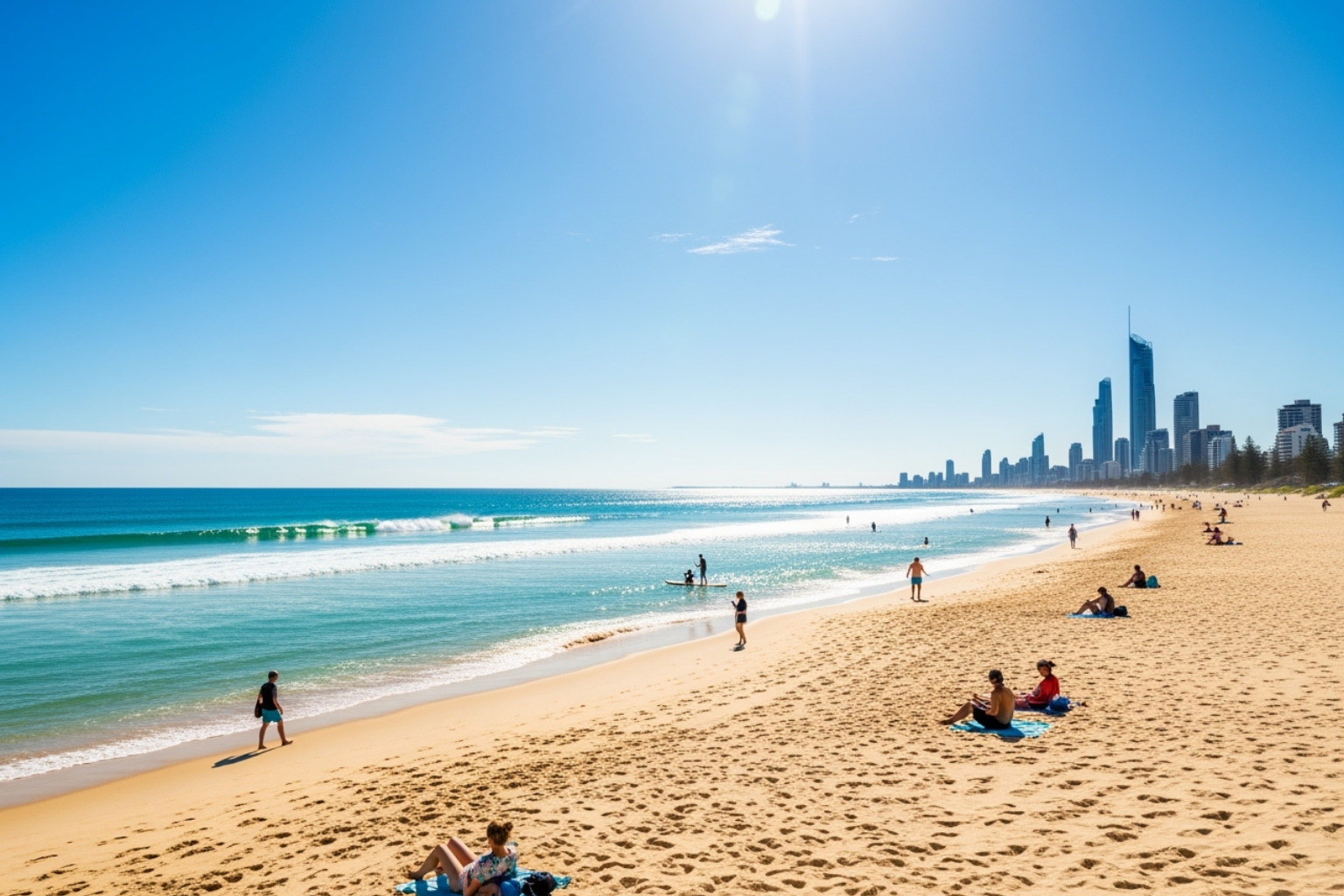 A sunny, uncrowded Gold Coast beach in August, inviting relaxation and water activities - Pontoon boat cookout