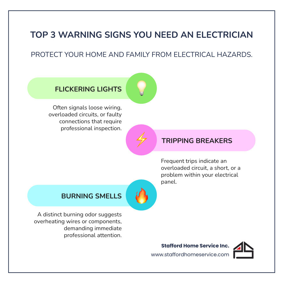 infographic showing the top 3 warning signs you need an electrician: flickering lights indicating wiring issues, frequently tripping breakers suggesting panel problems, and burning smells requiring immediate professional attention - golden valley electrician infographic infographic-line-3-steps-colors