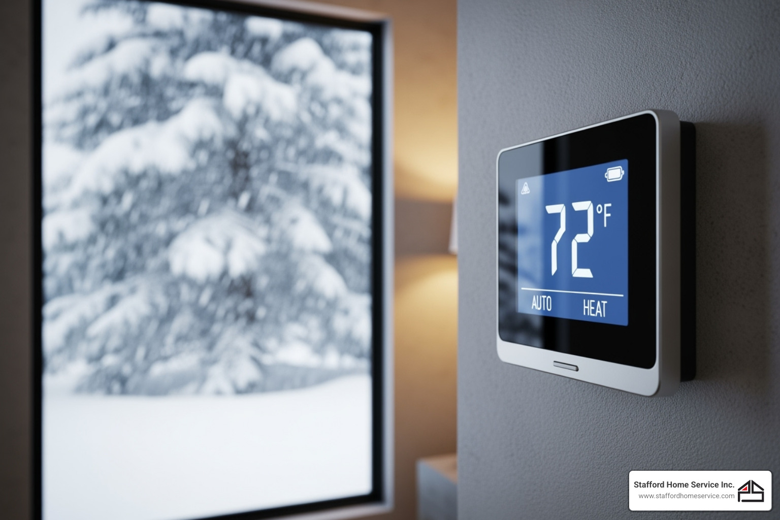 digital thermostat showing a comfortable indoor temperature while it's snowing outside - heat pump minneapolis