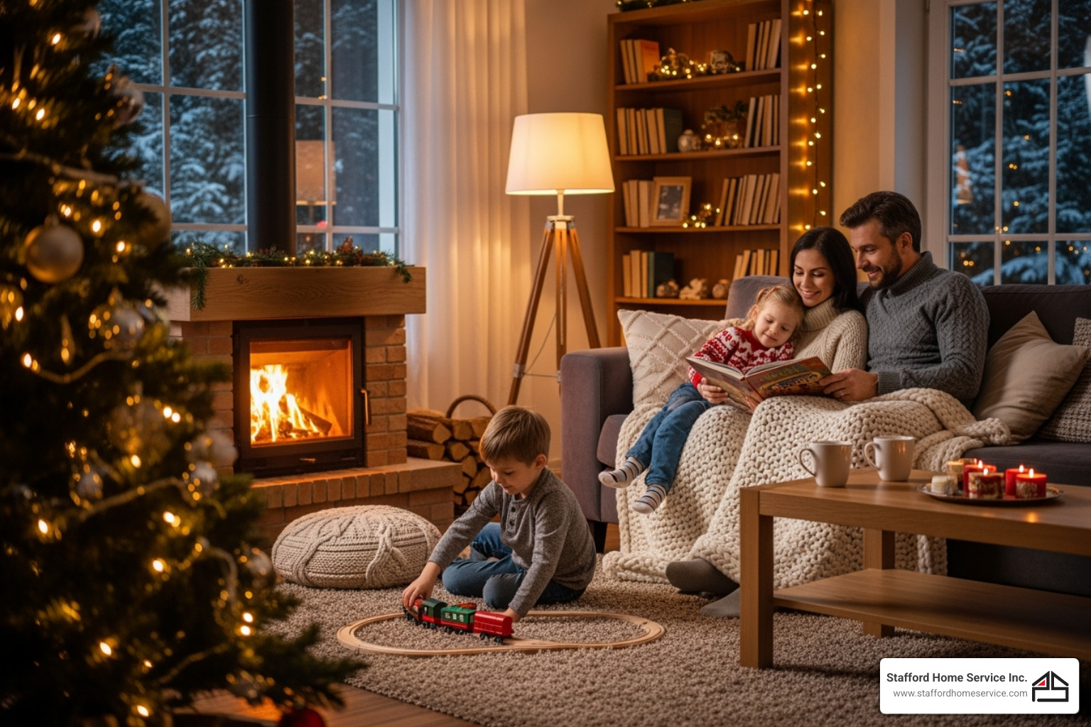 family enjoying a warm living room in winter - boiler repair minneapolis