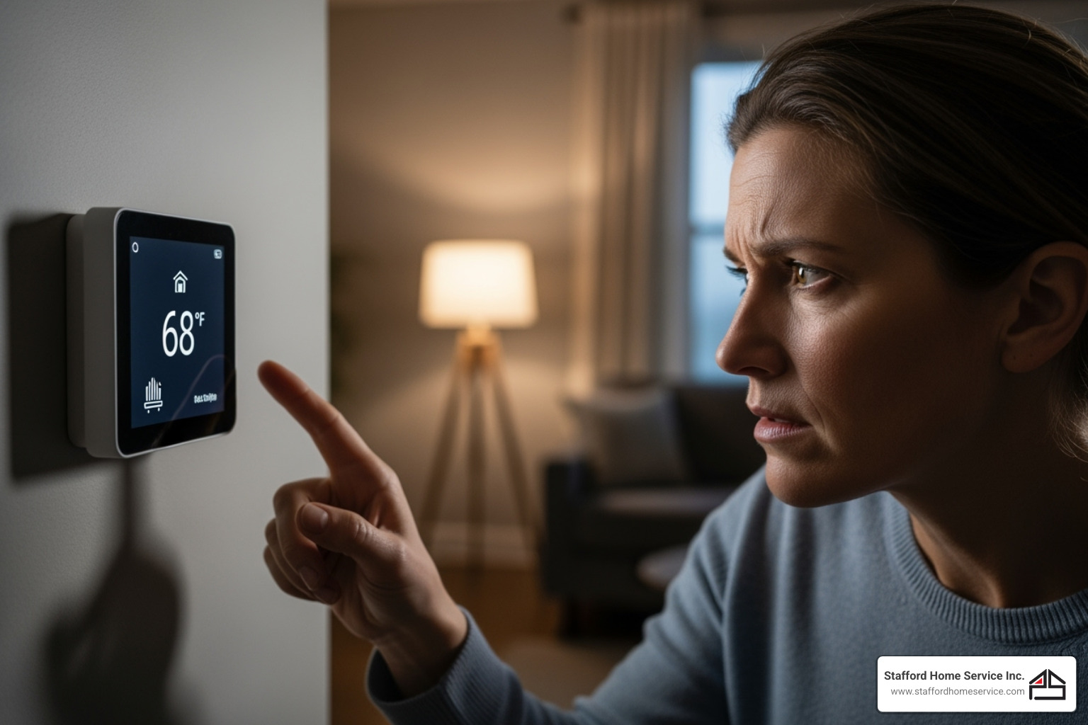 a homeowner looking concerned at their thermostat - hvac repair plymouth mn