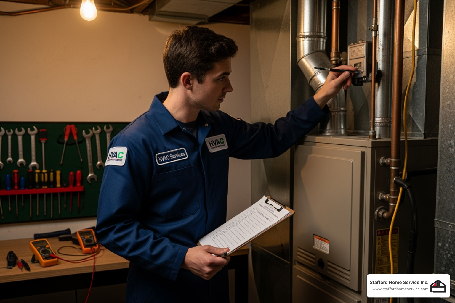 uniformed technician inspecting a furnace with a checklist - furnace safety check