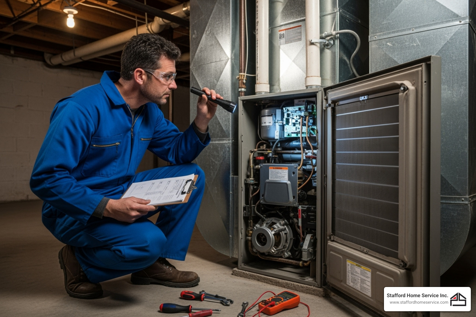 hvac technician inspecting a furnace with a checklist - heating tune up