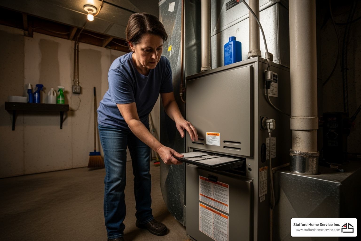 homeowner changing a furnace filter - heating tune up