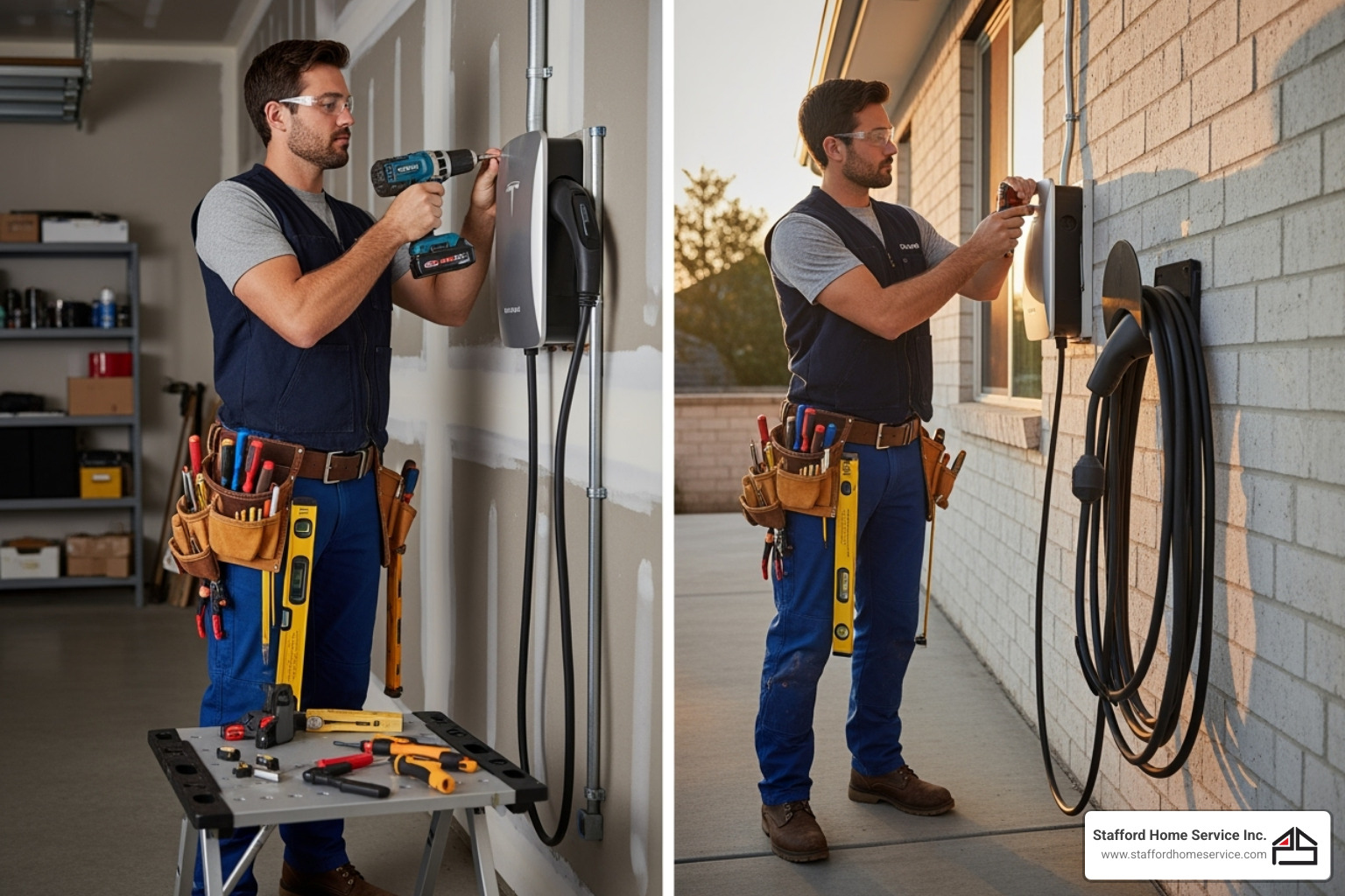 licensed electrician neatly installing a wall-mounted ev charger - ev charger installation