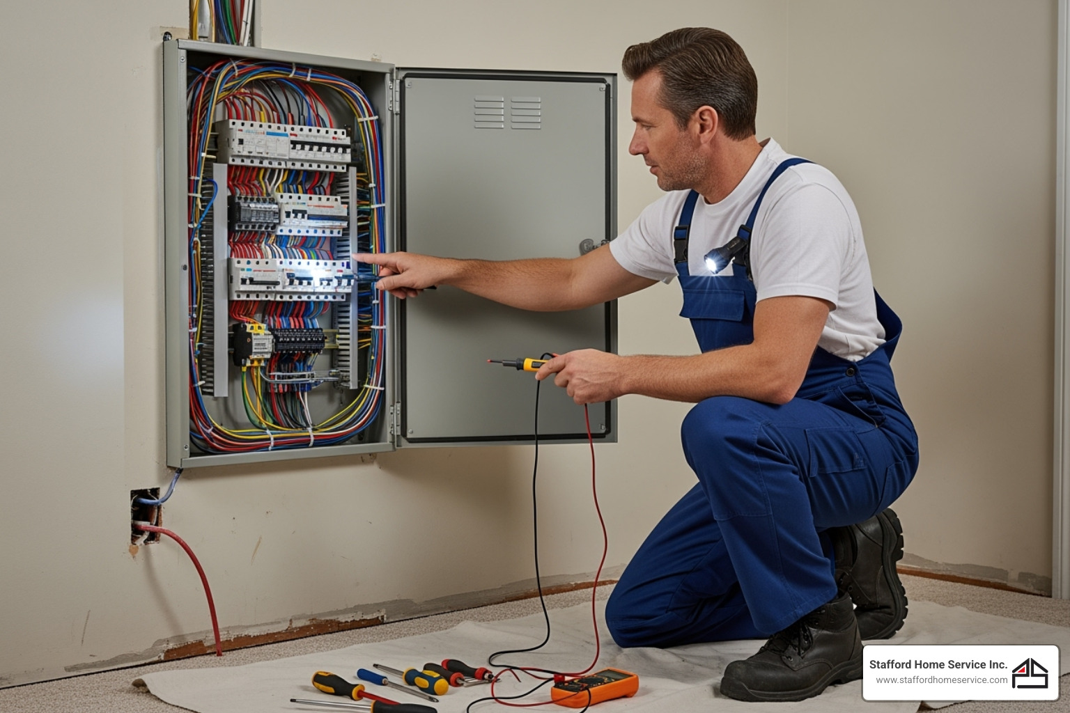 electrician inspecting a home's electrical panel - ev charger installation
