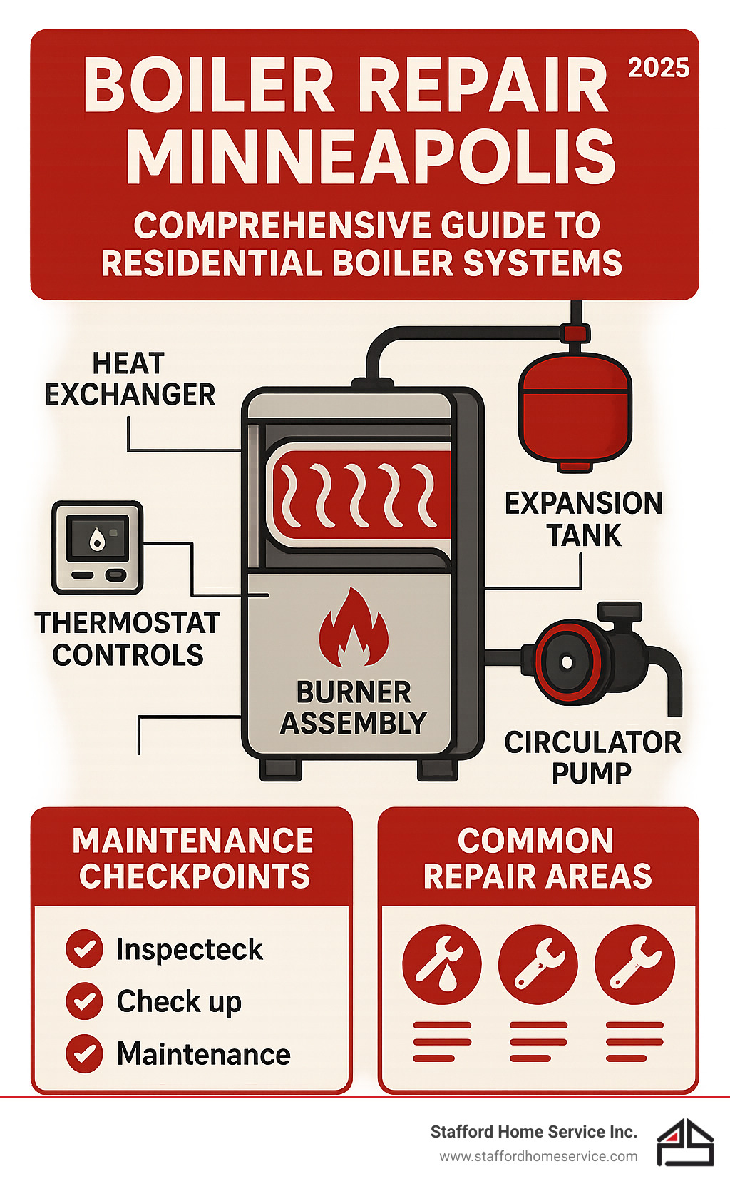 comprehensive guide to residential boiler systems showing components like heat exchanger, burner assembly, expansion tank, circulator pump, and thermostat controls with maintenance checkpoints and common repair areas highlighted - boiler repair minneapolis infographic 