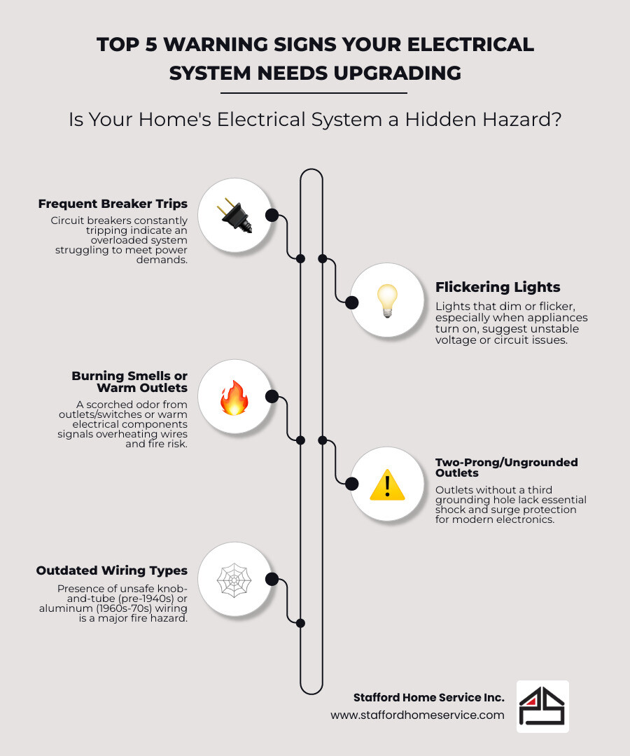 infographic showing the top 5 warning signs your electrical system needs upgrading: frequent breaker trips, flickering lights, burning smells from outlets, two-prong ungrounded outlets, and aluminum or knob-and-tube wiring - electrical wiring upgrades infographic infographic-line-5-steps-neat_beige