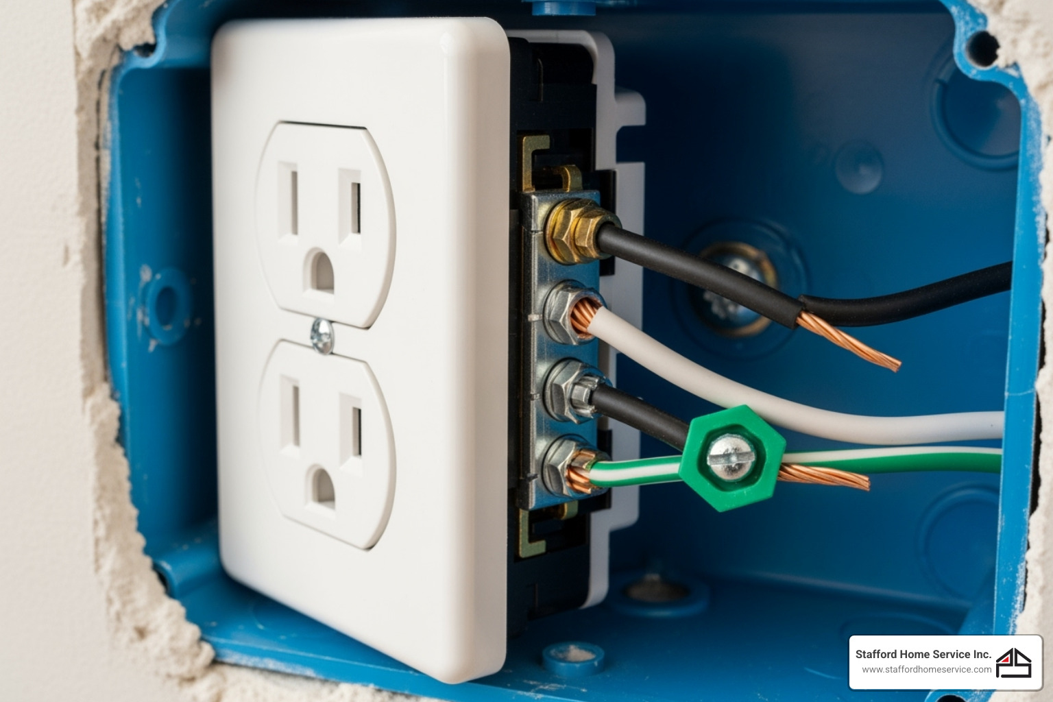 correctly wired outlet showing black, white, and ground wire connections - add new power outlet