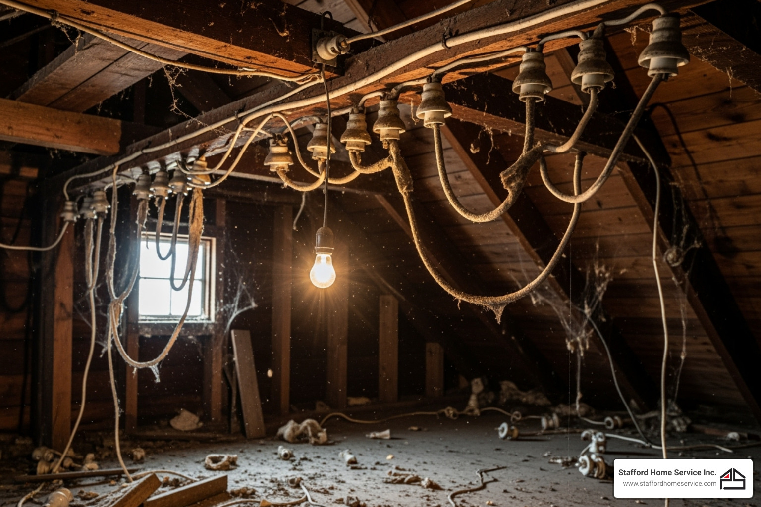 exposed knob and tube wiring in an attic - electrical wiring upgrades
