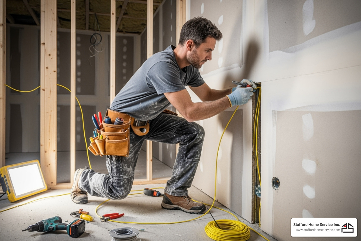 electrician fishing new wire through a wall - electrical wiring upgrades