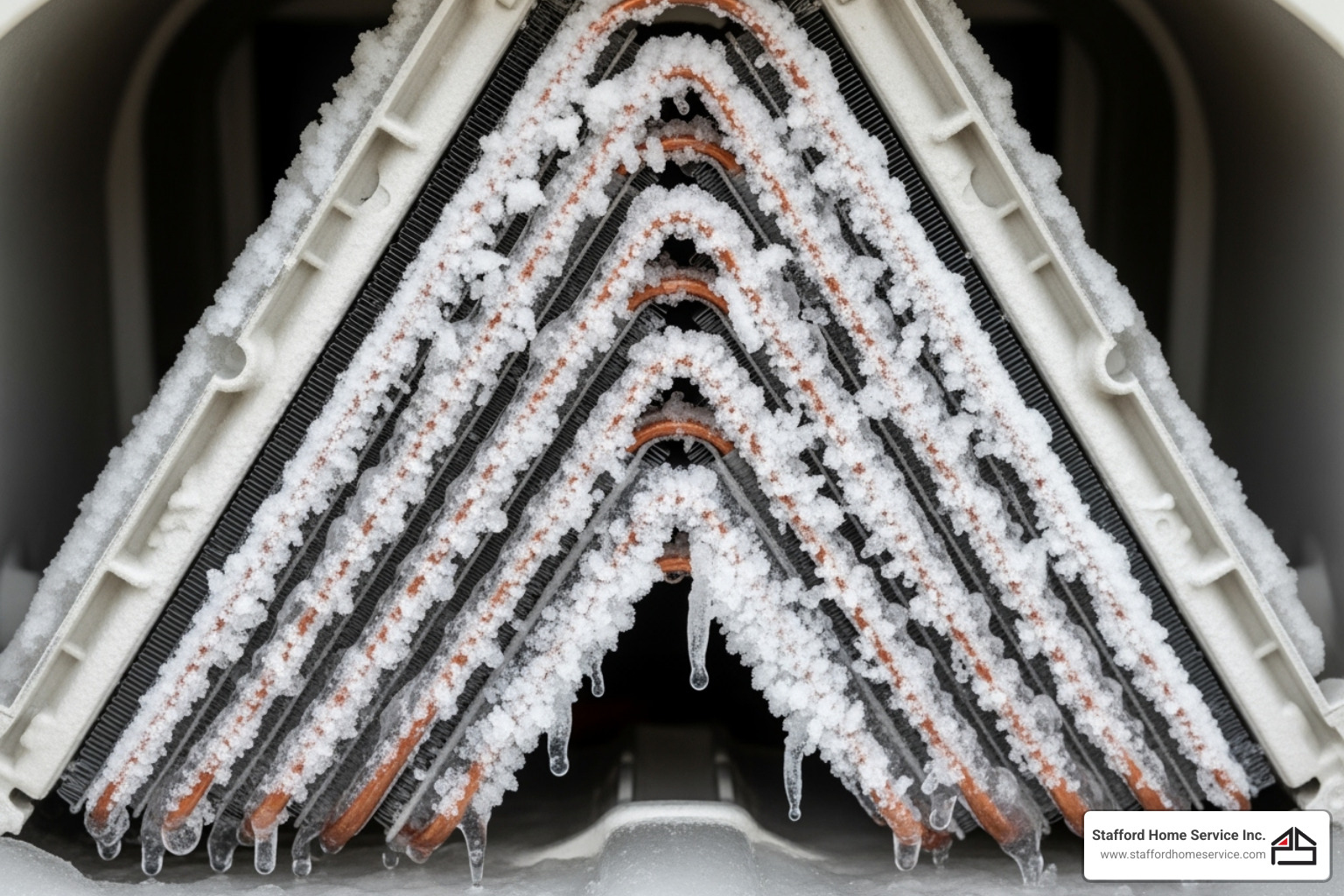 image of ice buildup on an ac unit's evaporator coils - ac blowing hot