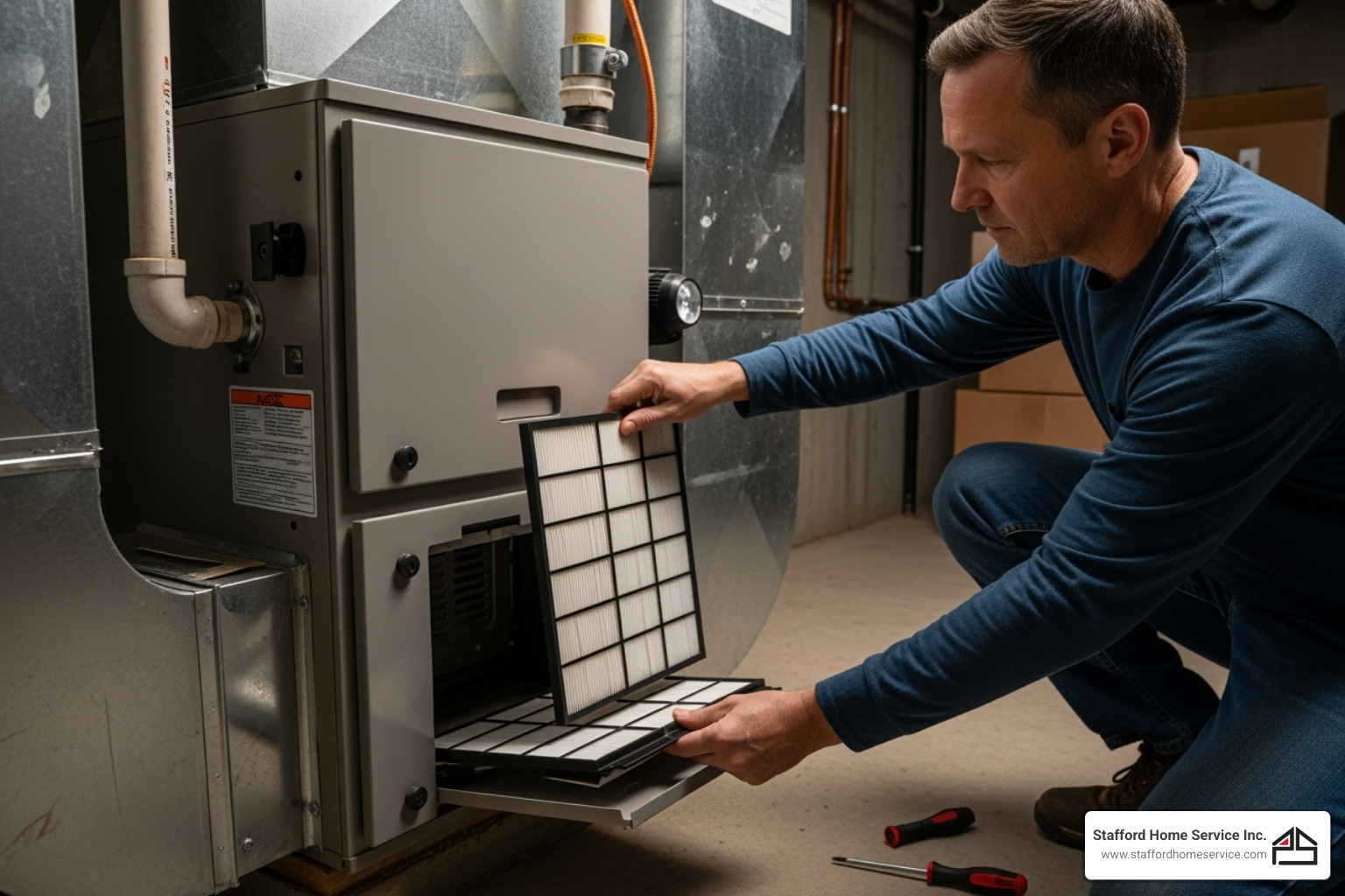 homeowner checking a furnace filter - furnace won't turn on