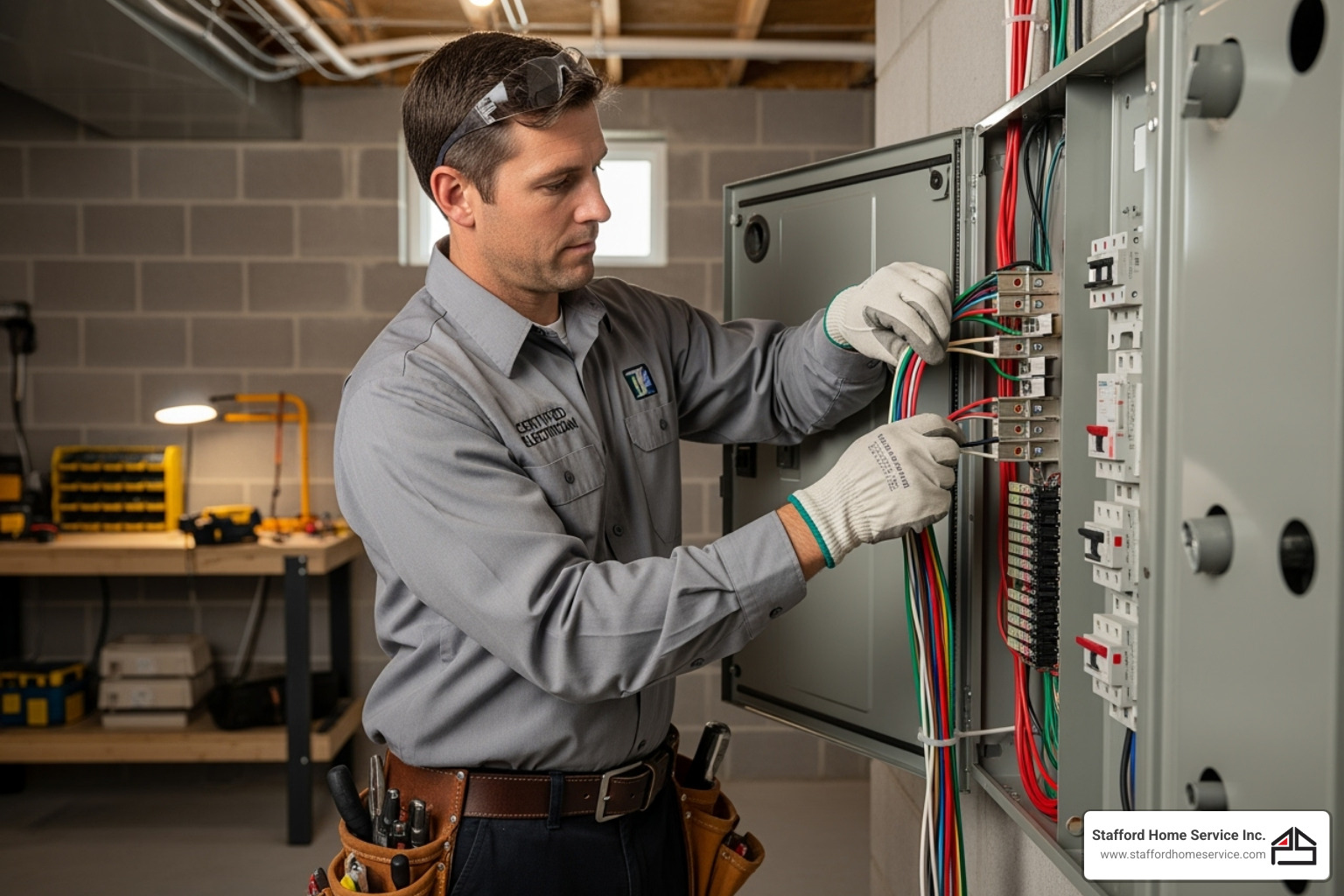 certified electrician installing new circuit breaker panel - Electrical fuse box