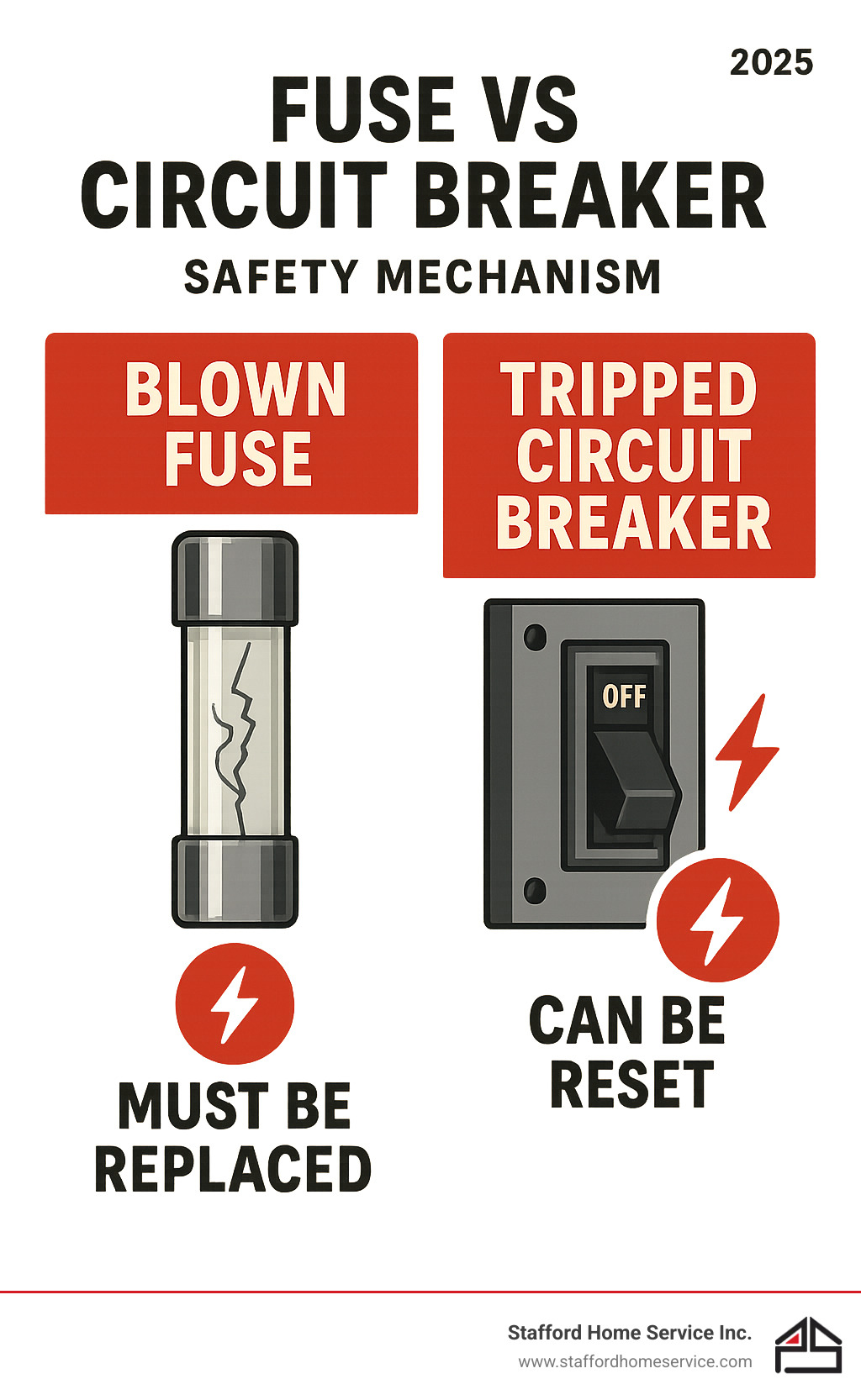 Infographic showing the difference between a blown fuse that must be replaced versus a tripped circuit breaker that can be reset with a switch, including visual representations of both devices and their safety mechanisms - Electrical fuse box infographic 