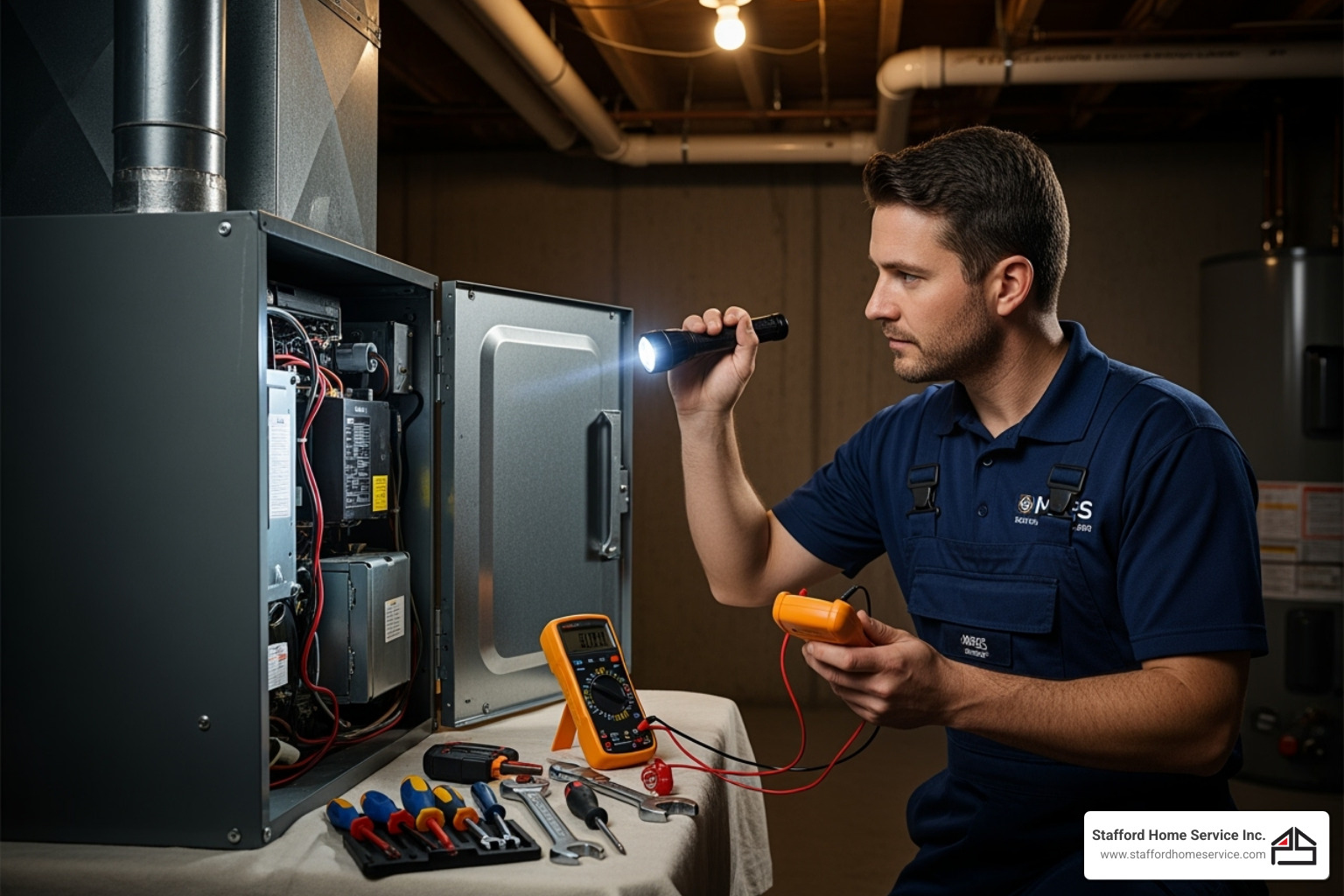 hvac technician inspecting an indoor air handler - ac annual service