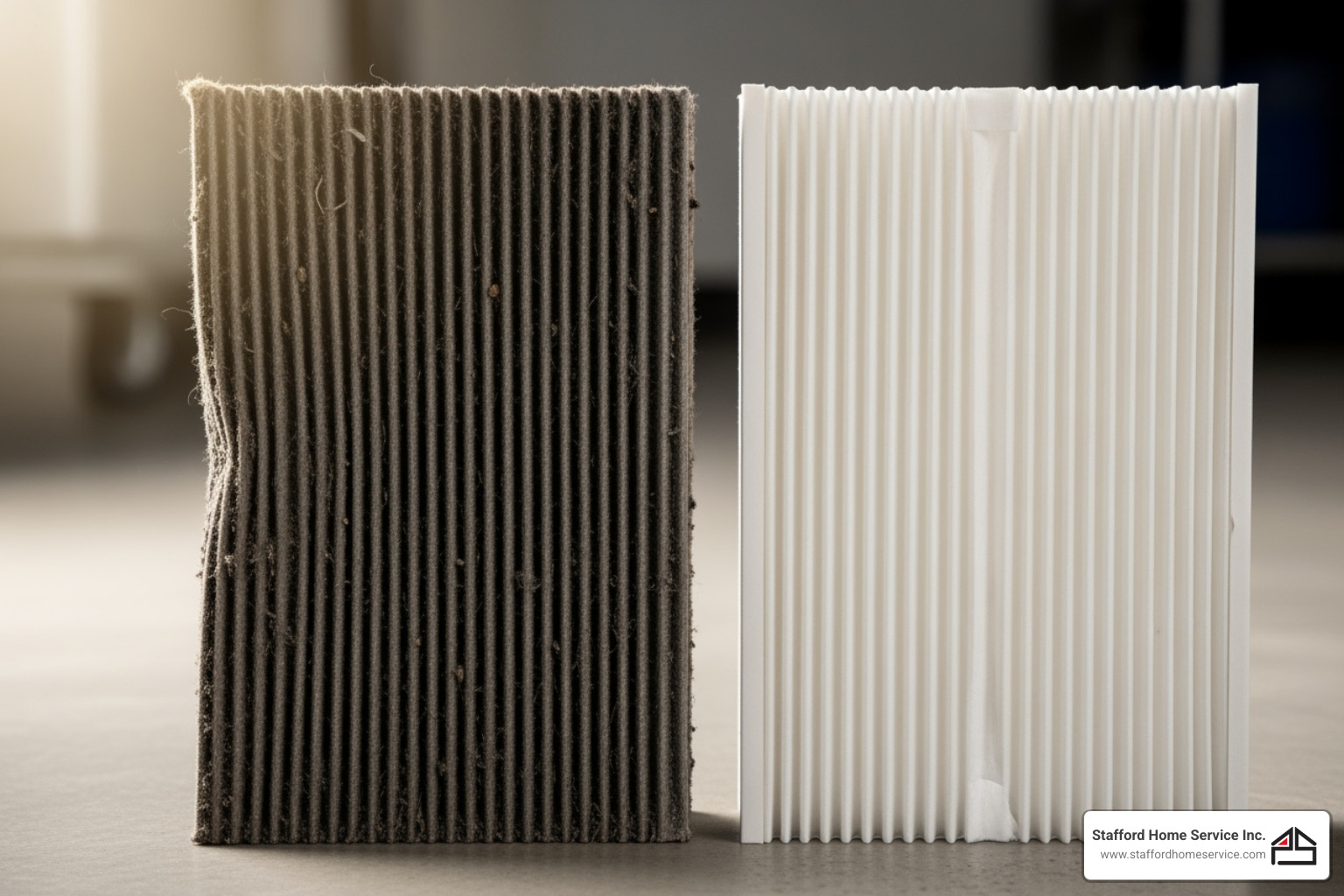 dirty, clogged furnace filter next to a clean one - furnace making noise