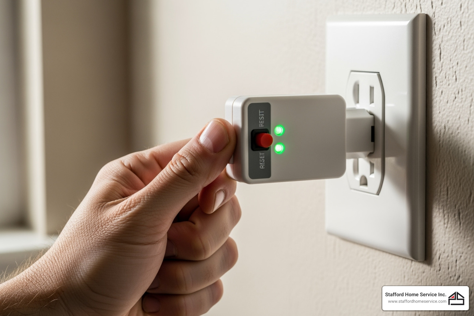 a plug-in gfci tester showing a correct wiring indication with green lights. - gfci outlet installation