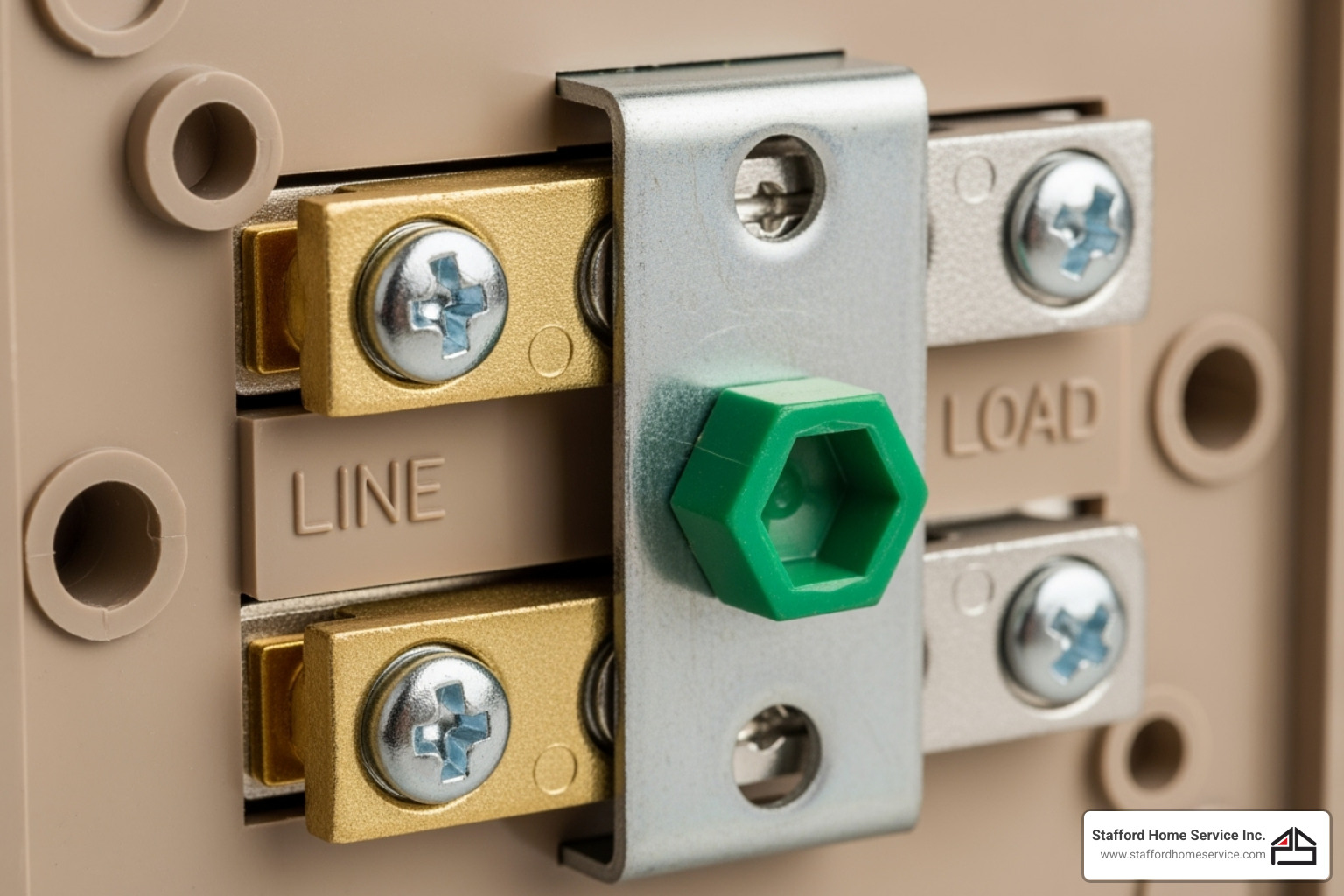 the back of a gfci outlet showing clearly labeled line and load terminals, along with the ground screw. - gfci outlet installation