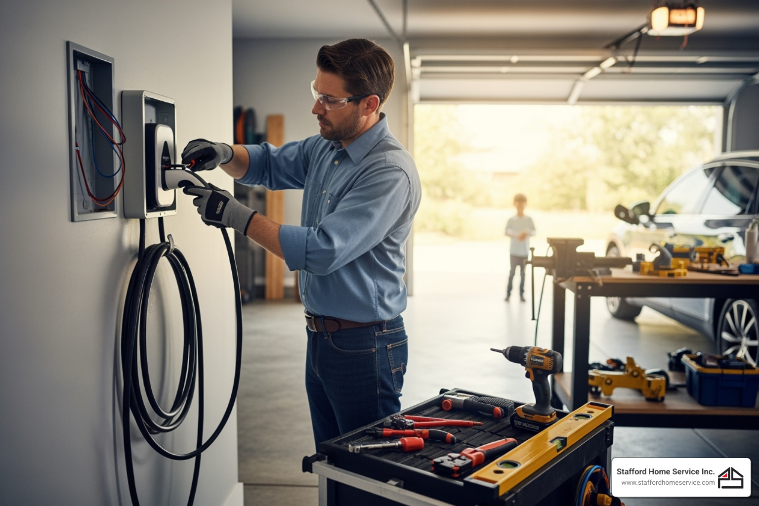 an electrician installing an ev charger in a residential garage - electricians in minneapolis mn