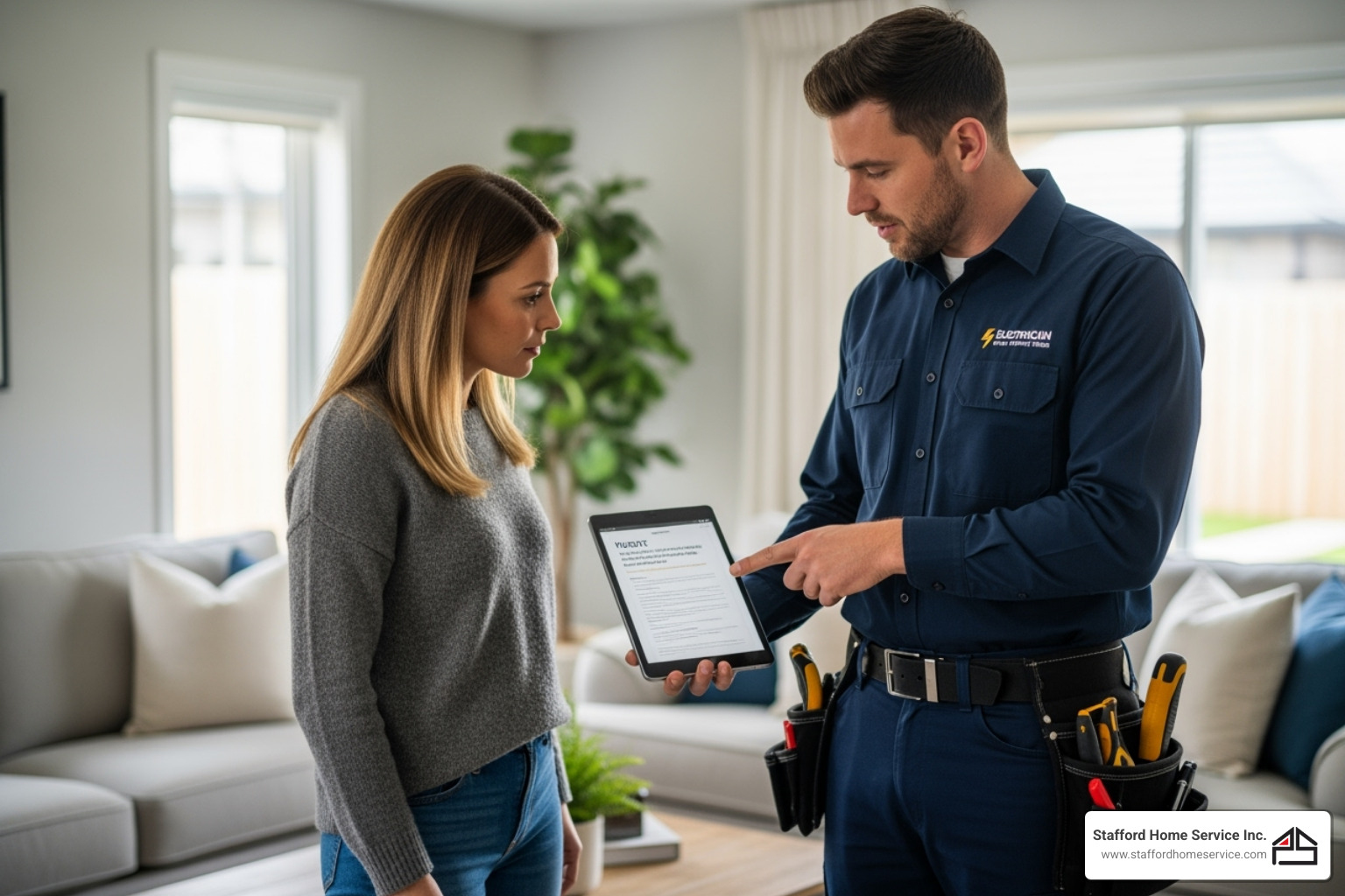 electrician explaining quote to homeowner - electrician minneapolis