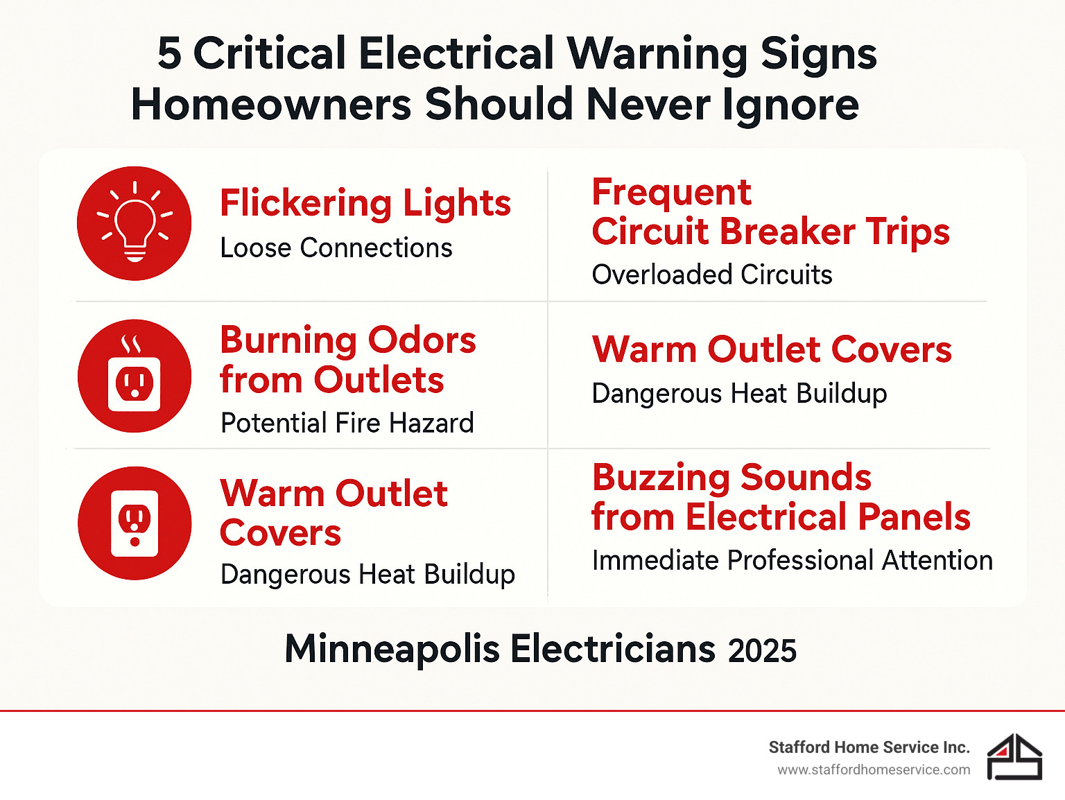 infographic showing 5 critical electrical warning signs homeowners should never ignore: flickering lights indicating loose connections, frequent circuit breaker trips suggesting overloaded circuits, burning odors from outlets signaling potential fire hazards, warm outlet covers showing dangerous heat buildup, and buzzing sounds from electrical panels requiring immediate professional attention - electricians in minneapolis mn infographic 