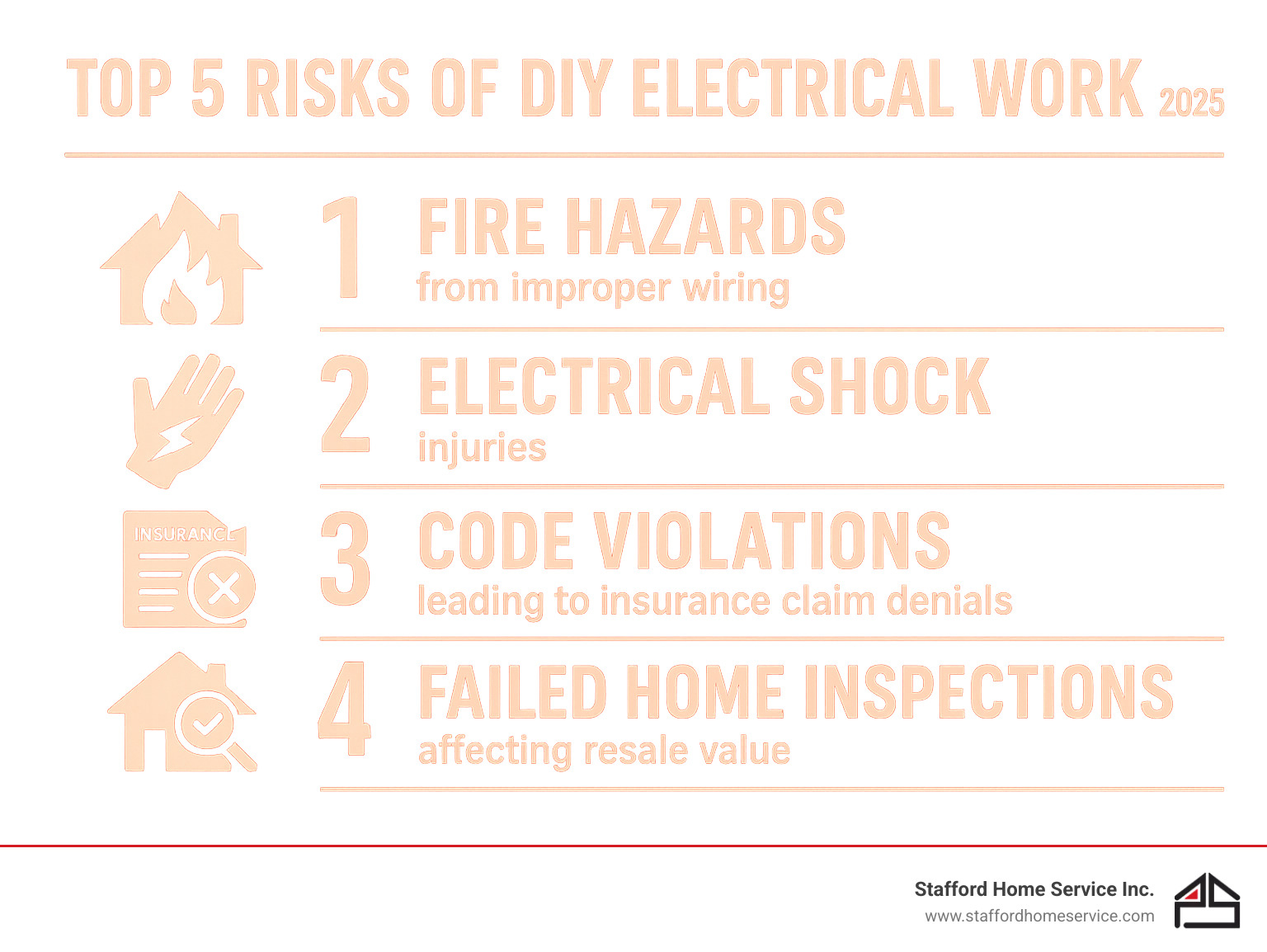 infographic showing the top 5 risks of diy electrical work: fire hazards from improper wiring, electrical shock injuries, code violations leading to insurance claim denials, failed home inspections affecting resale value, and legal liability for unpermitted work - electrician minneapolis infographic 